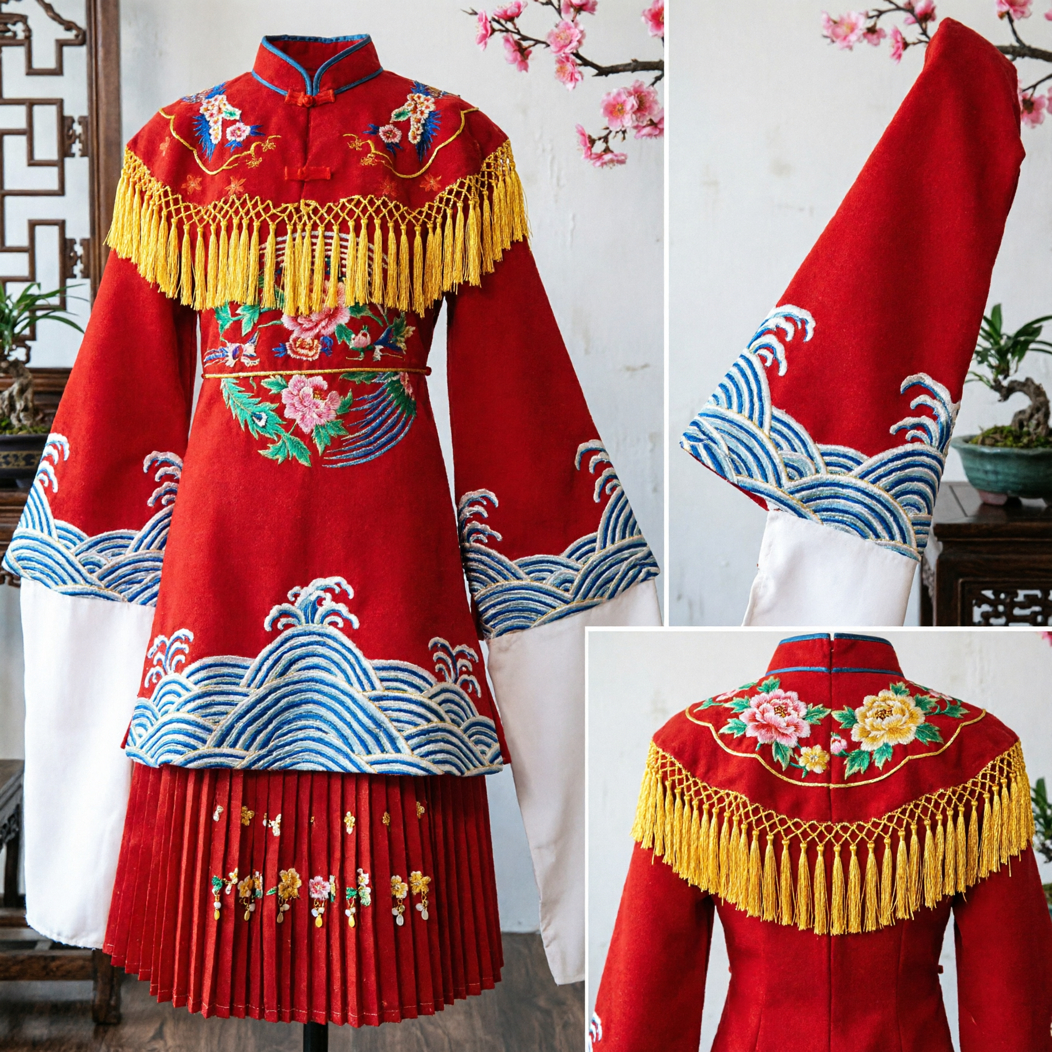 Traditioneel Chinees Peking opera rood geborduurd kostuum met watermouwen en franjes voor kinderen podiumoptreden - Asian Costume