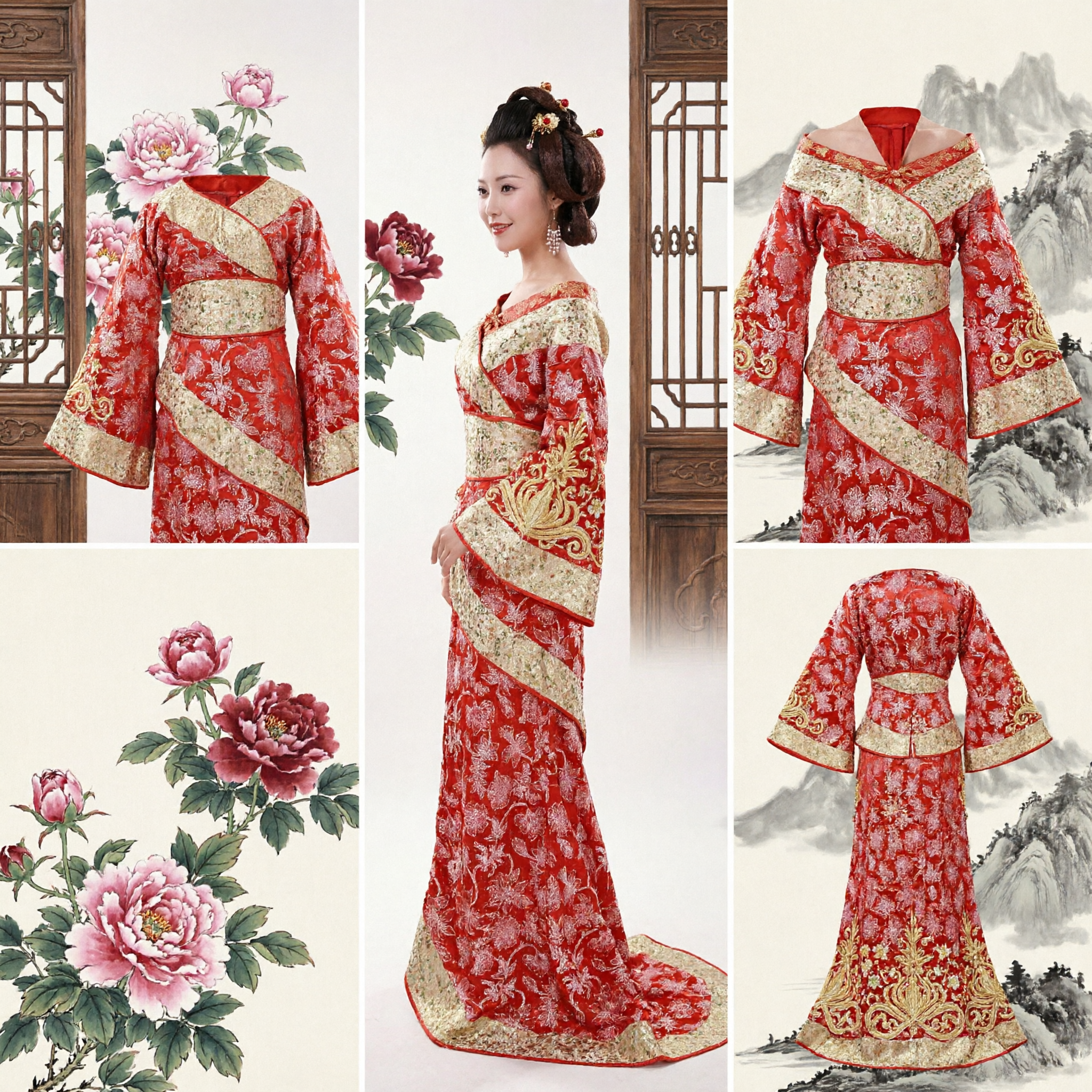 Robe Hanfu chinoise traditionnelle élégante en brocart rouge à motifs floraux pour femmes, pour banquet de mariage et représentation sur scène - Asian Costume