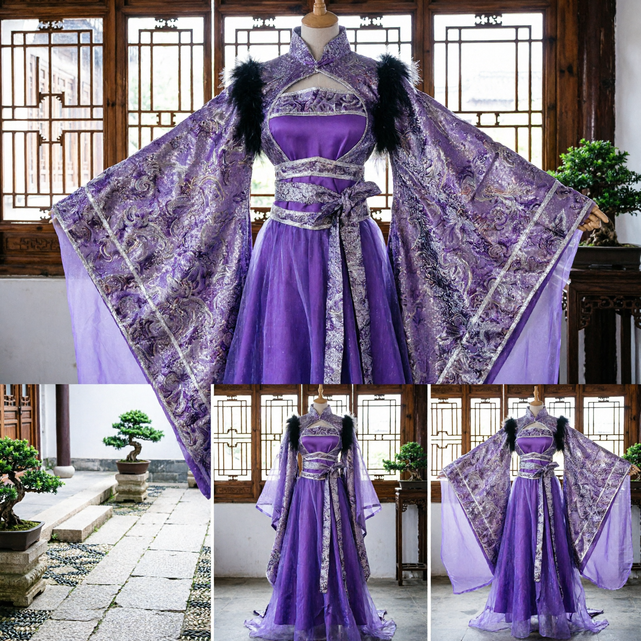 우아한 퍼플 전통 중국 한푸 고대 의상 넓은 소매와 퍼 트림 여성 코스프레 - Asian Costume