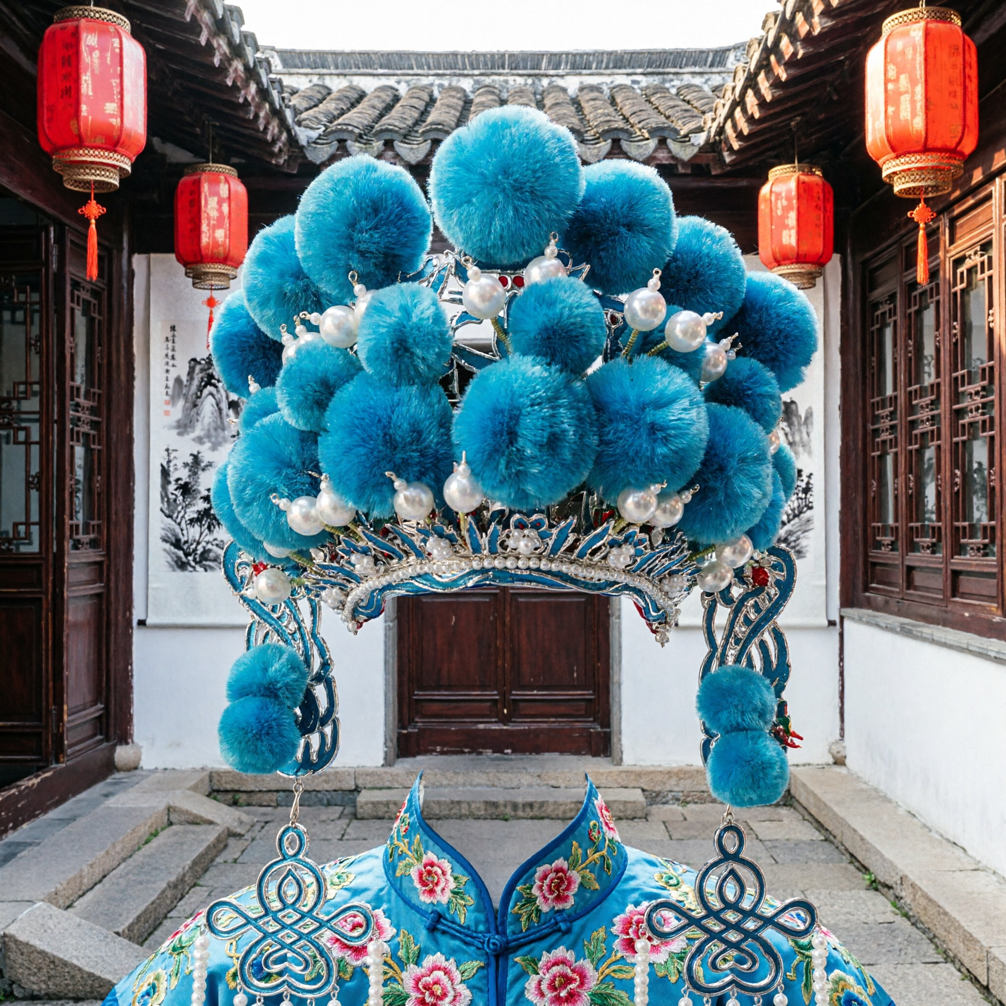 Traditionelle Chinesische Oper Blaue Puschel-Haube mit Perlen für Peking-Oper Weibliche Dan-Rollen Kostüm - Asian Costume