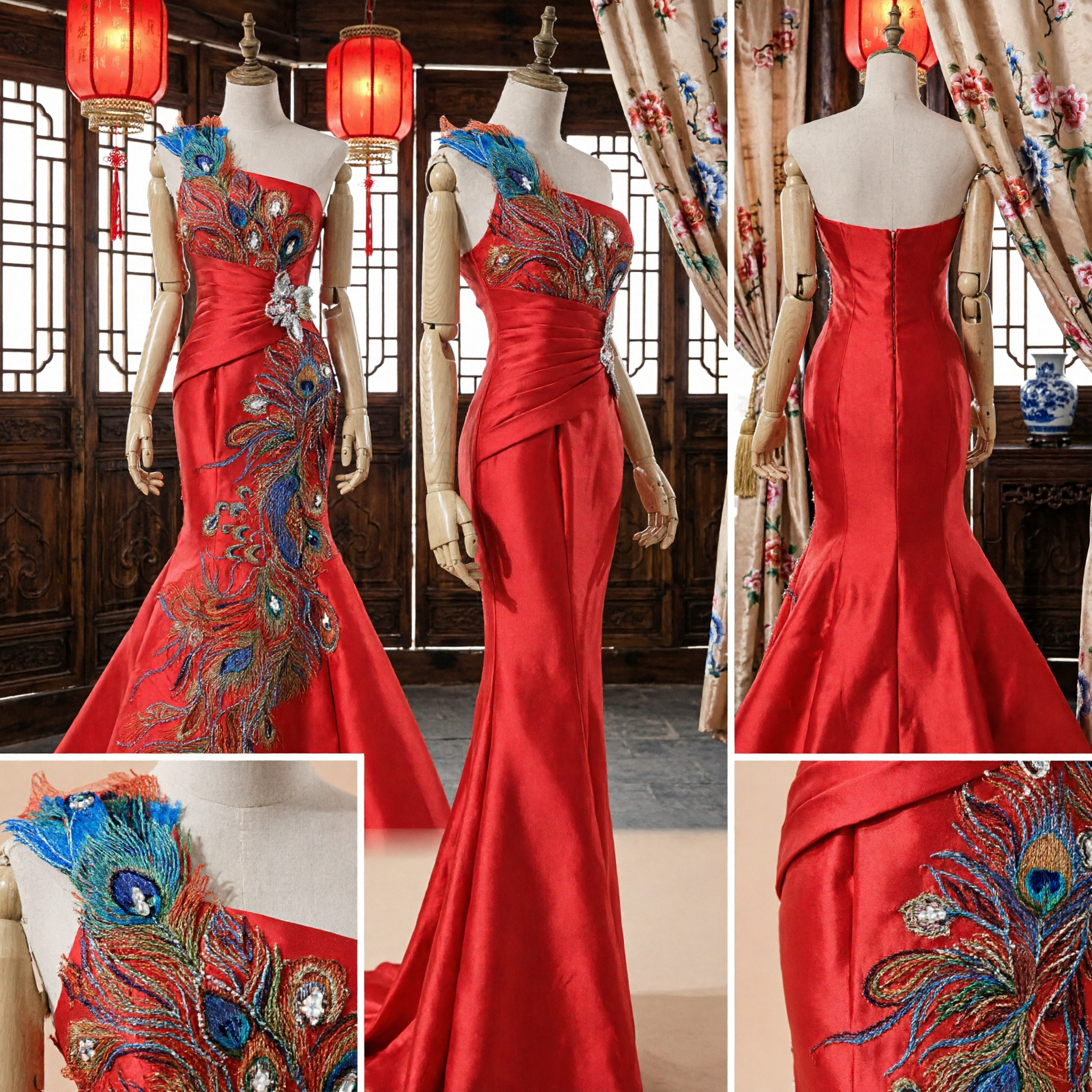 Robe de soirée sirène rouge luxueuse asymétrique avec broderie de paon, pour occasions formelles et mariages - Asian Costume