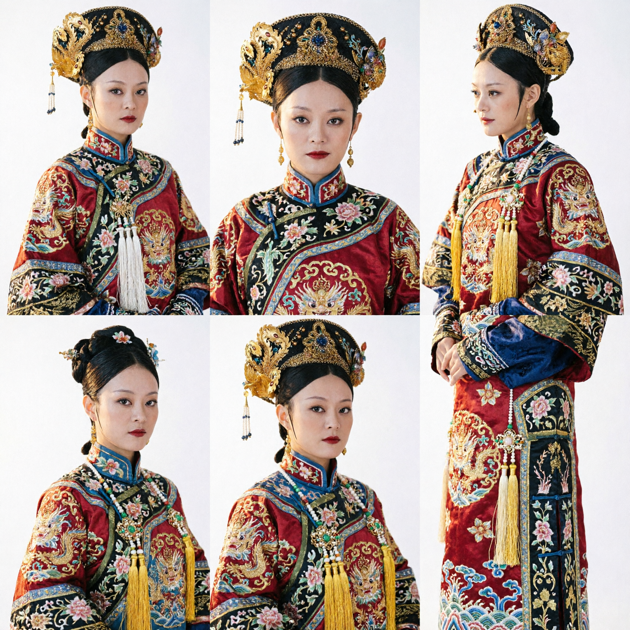 Tradycyjna Złota Korona Feniksa Cesarzowej z Dynastii Qing Czarny Aksamitny Czepiec na Hanfu i Weselny Kostium - Asian Costume