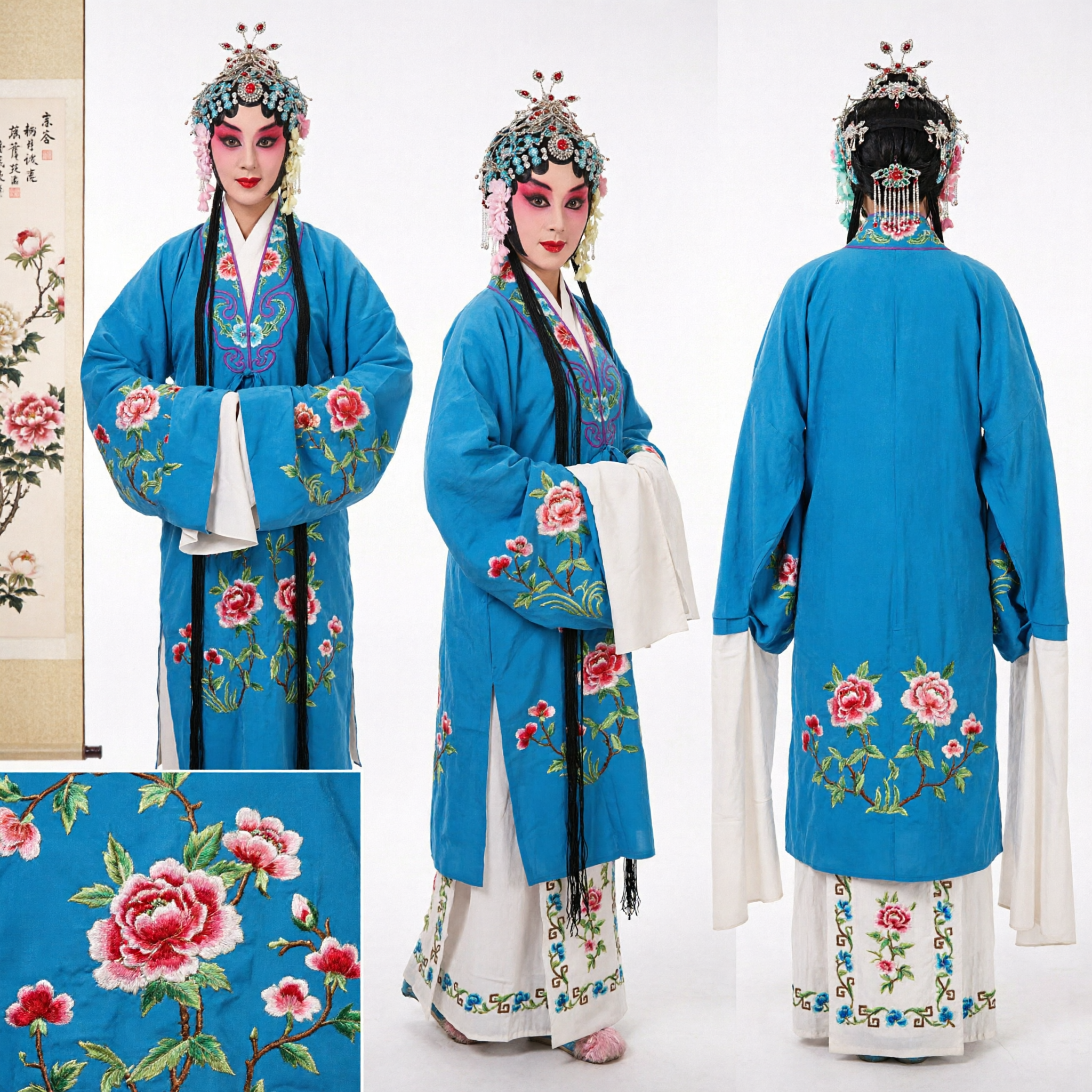 伝統的な中国京劇 青い衣装 花柄刺繍と長い水袖 旦役（女性役）用 - Asian Costume