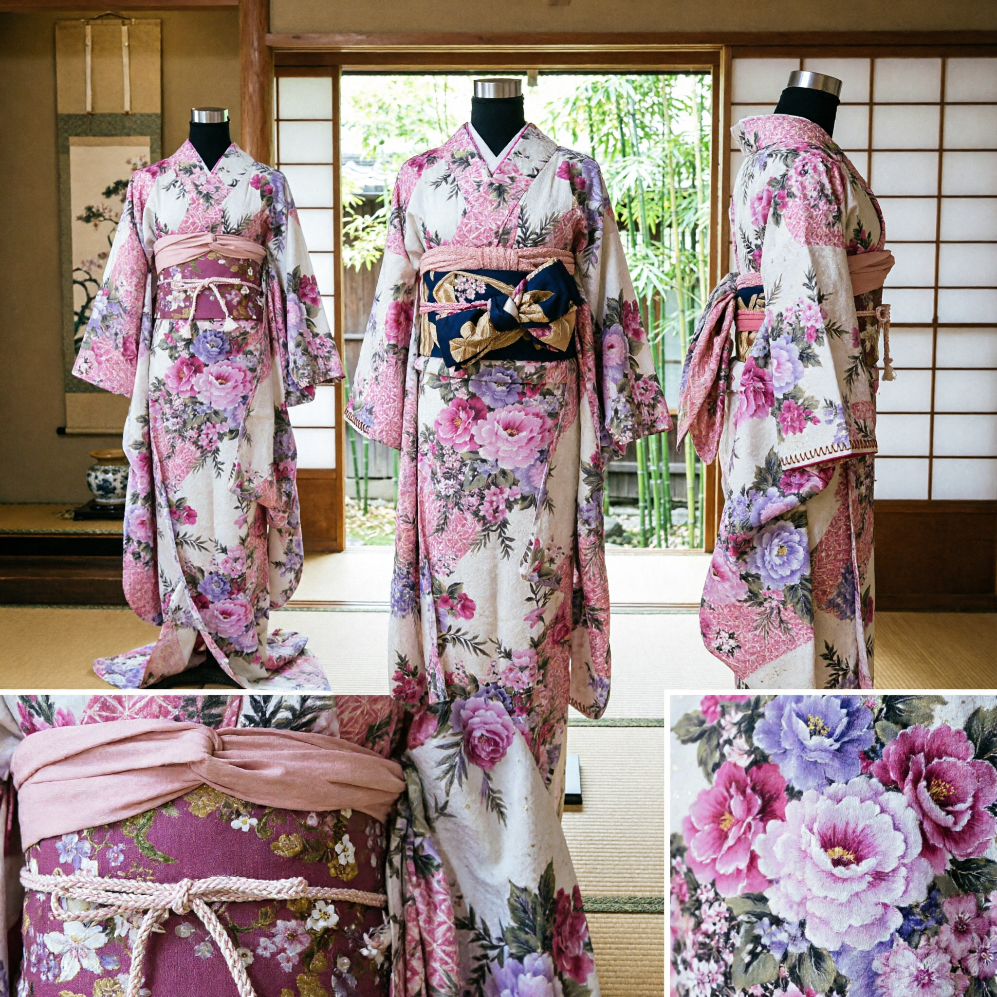 Vestito Kimono Floreale Tradizionale Giapponese Motivo a Fiori Rosa Viola Maniche Lunghe Costume da Geisha per Performance sul Palco Femminile - Asian Costume