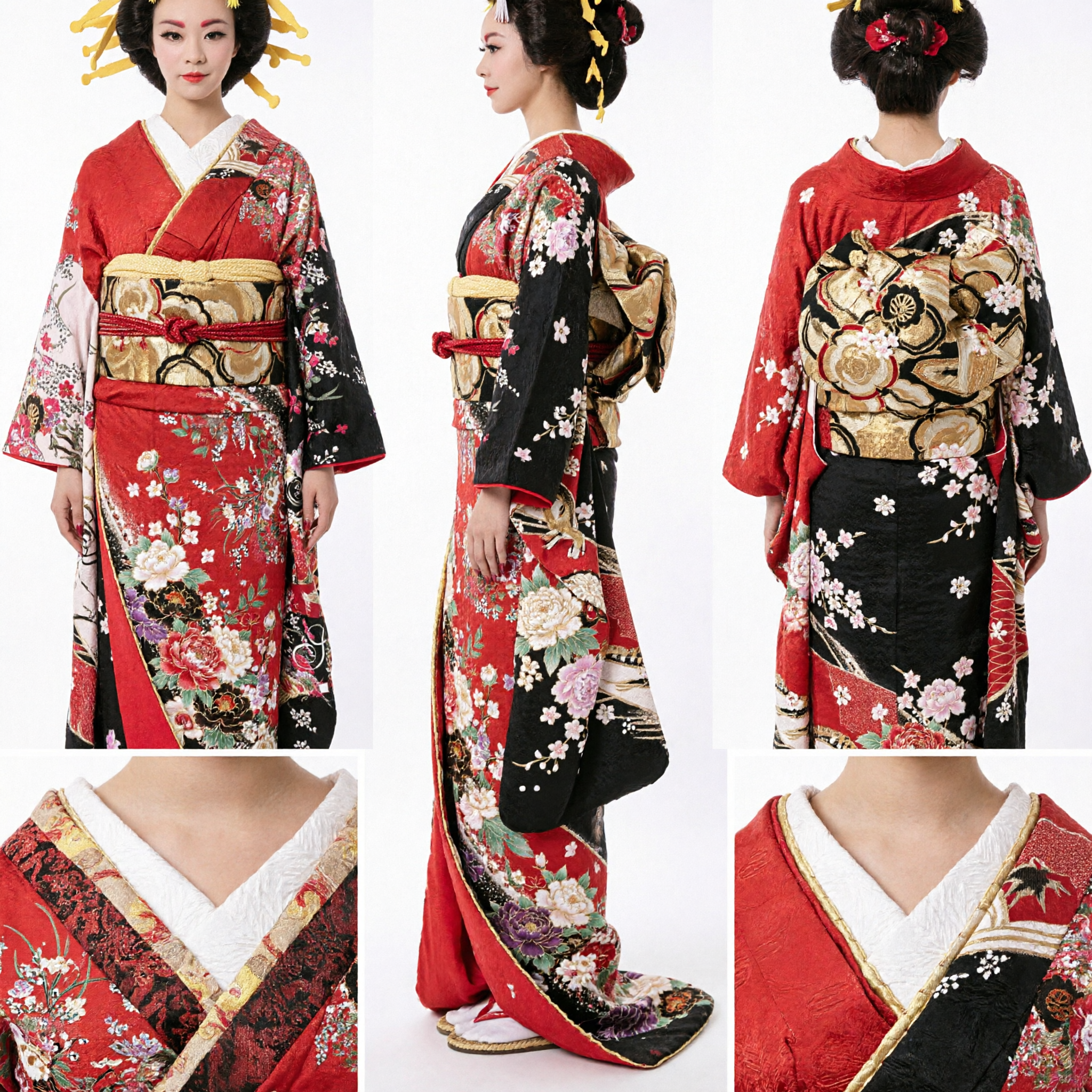 Conjunto de Traje de Geisha Kimono Japonés Tradicional para Mujeres con Elaborado Tocado y Shamisen para Interpretación - Asian Costume