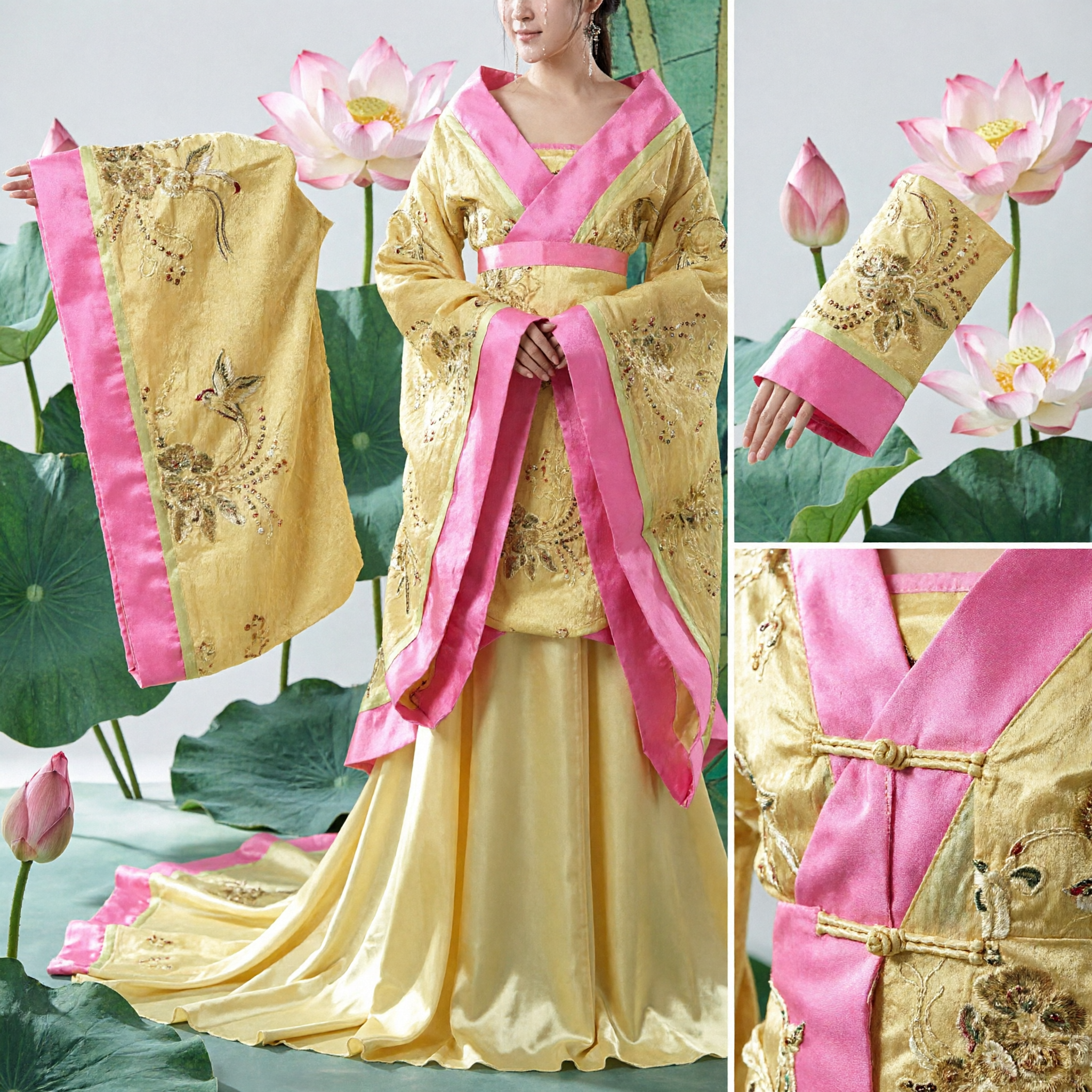 전통 중국 당나라 공주 의상 황색 한푸 드레스 분홍색 리본 포함 여성 무용 공연용 - Asian Costume