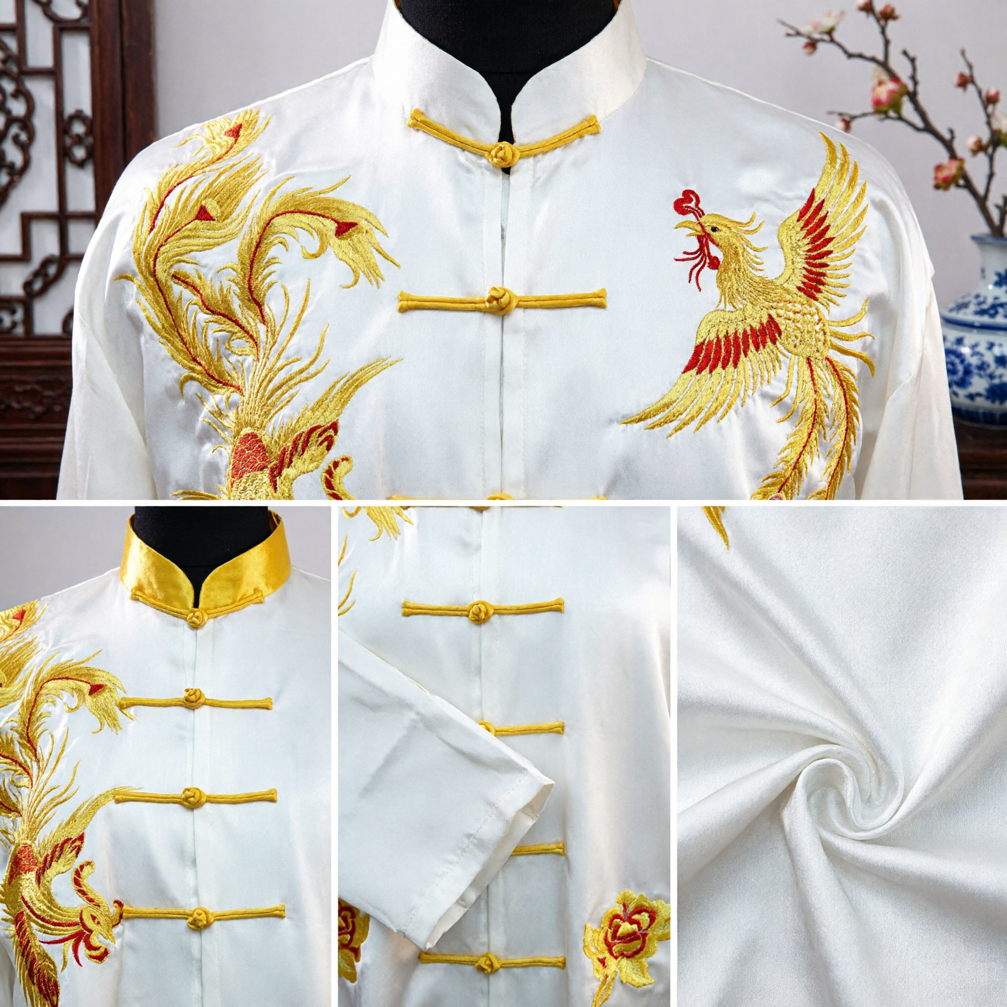 Tangzhuang Chinois en Soie Blanche avec Broderie de Phénix d'Or, Uniforme Traditionnel de Kung Fu et Tai Chi pour Hommes - Asian Costume