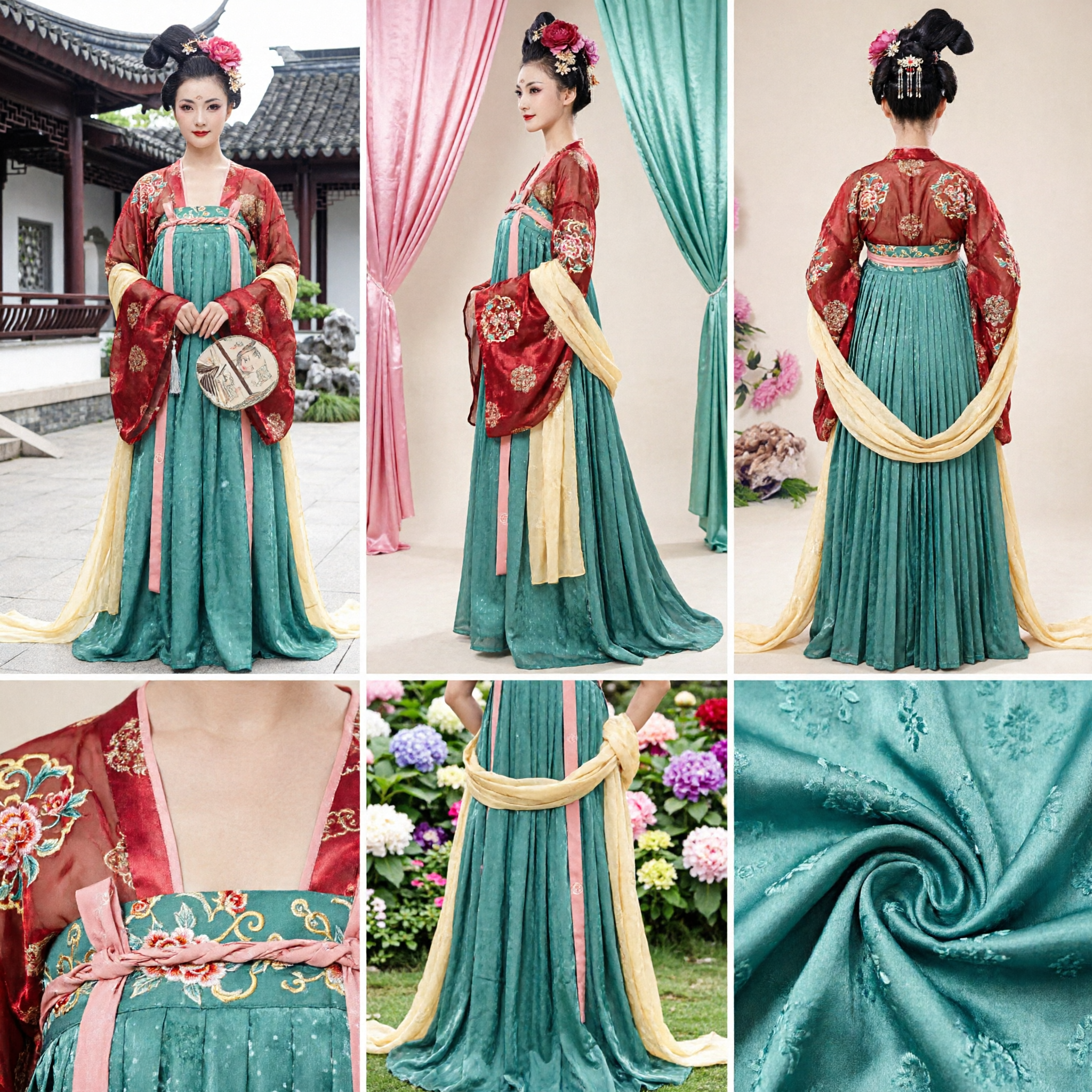 Robe Hanfu de la Dynastie Tang pour Femmes, Costume Ancien Traditionnel Chinois de Palais, Jupe Verte et Robe Rouge pour Représentation - Asian Costume
