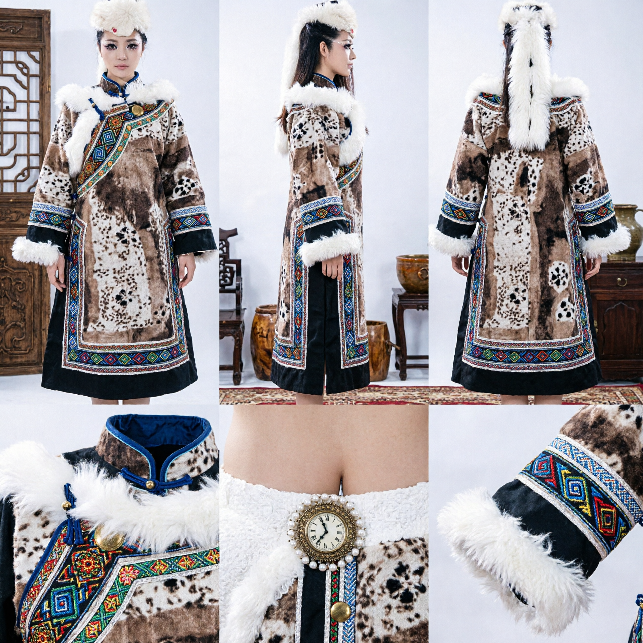 Damski Egzotyczny Strój do Tańca Białego Ducha Lisa, Etniczny Strój na Występ Sceniczny z Futrzanym Kapeluszem i Printem Lamparta - Asian Costume