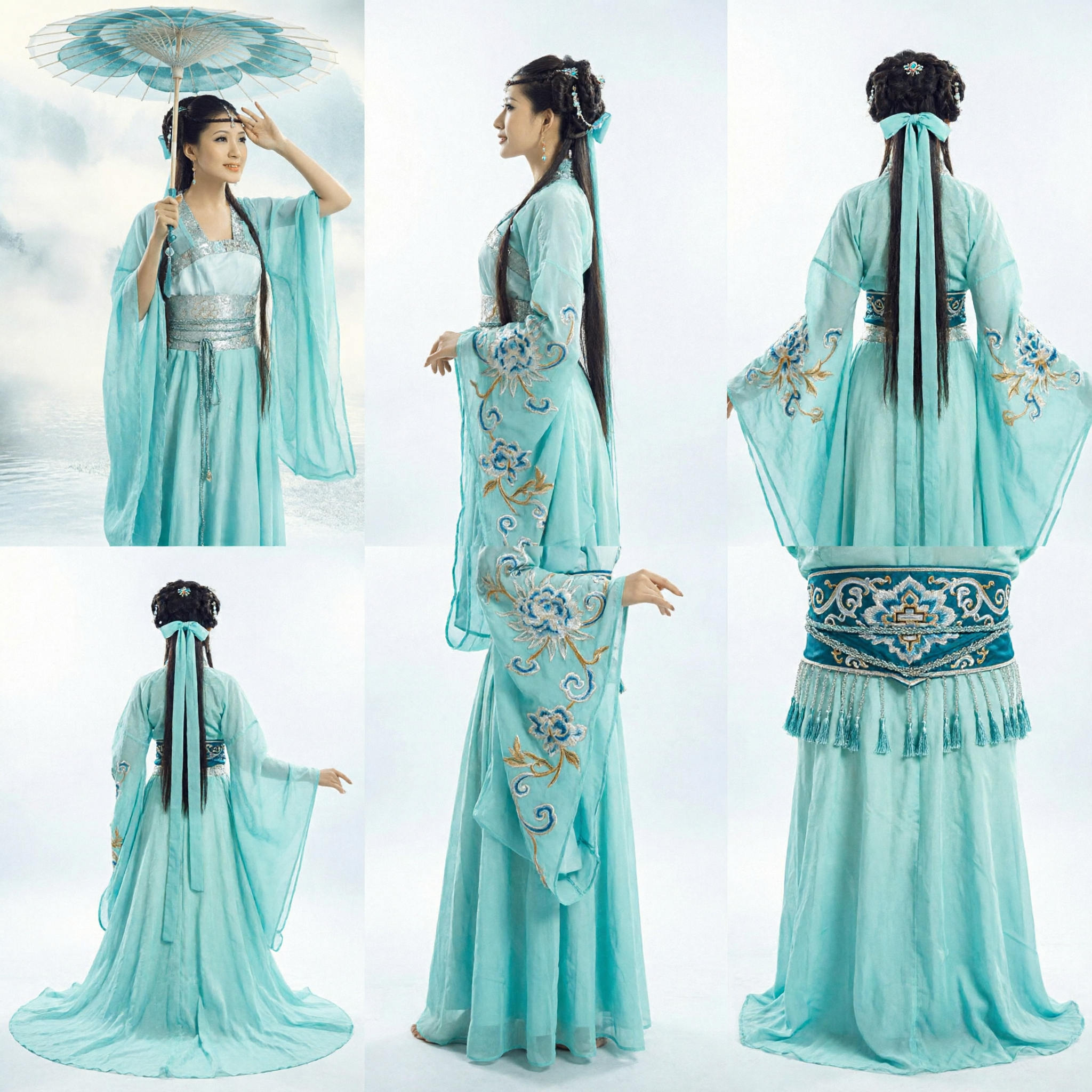 Elegantes antikes chinesisches Feenkostüm, blaues Hanfu-Kleid für Damen, traditionelle Darbietung mit Regenschirm - Asian Costume