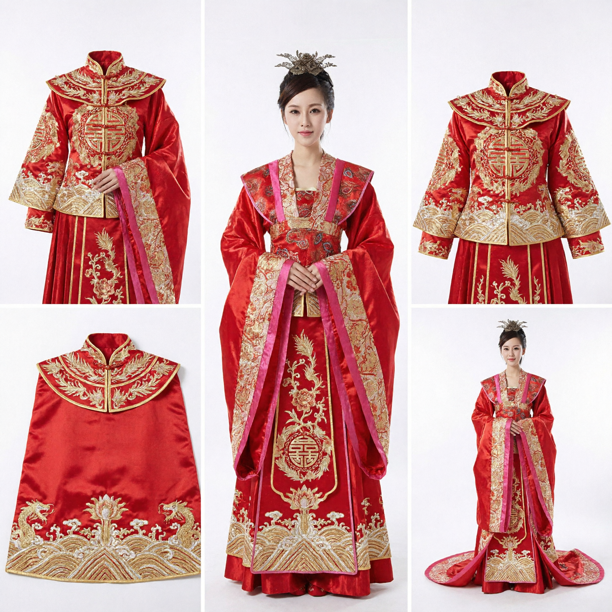 Exquisite Red Traditional Chinese Hanfu Wedding Dress with Gold Embroidery for Bridal Ceremony - Asian Costume