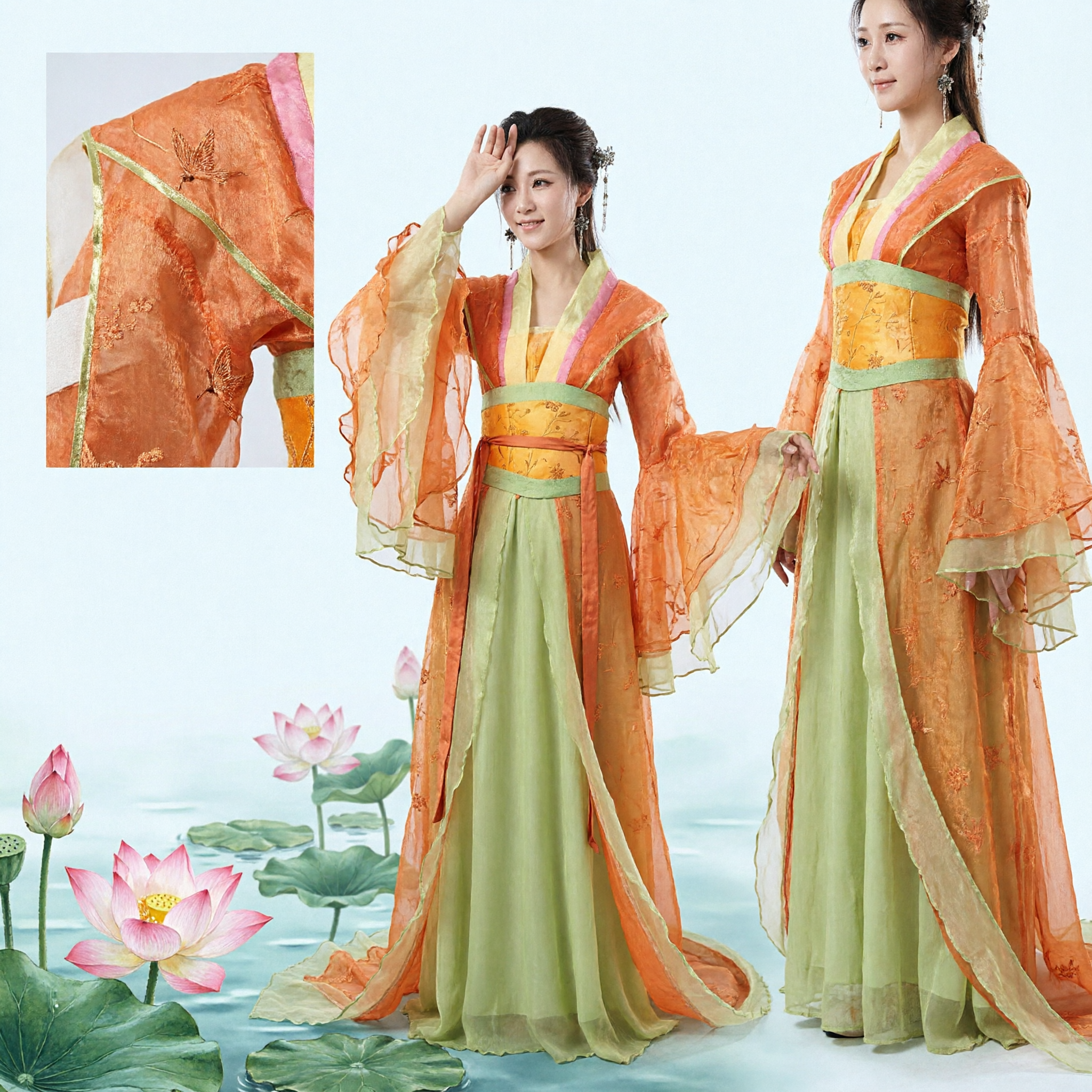 Costume Hanfu Traditionnel Chinois de la Dynastie Tang, Robe de Fée Ancienne Orange et Verte pour Représentation pour Femmes - Asian Costume