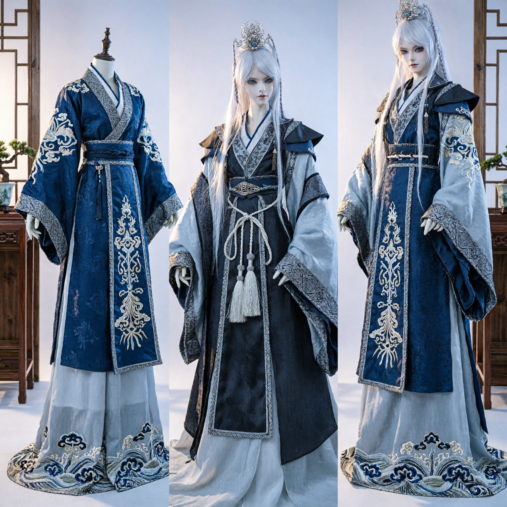 中国漢服 男性用古代剣士衣装 黒銀刺繍ローブ 武侠コスプレ衣装 - Asian Costume