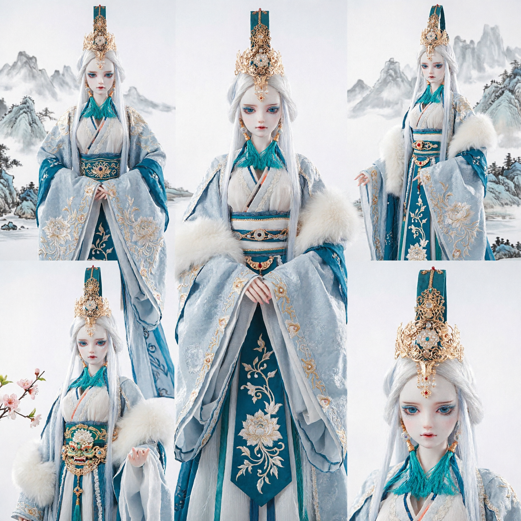 Costume Hanfu chinois traditionnel exquis pour poupées BJD - Style fée d'hiver avec fourrure blanche et coiffe - Asian Costume