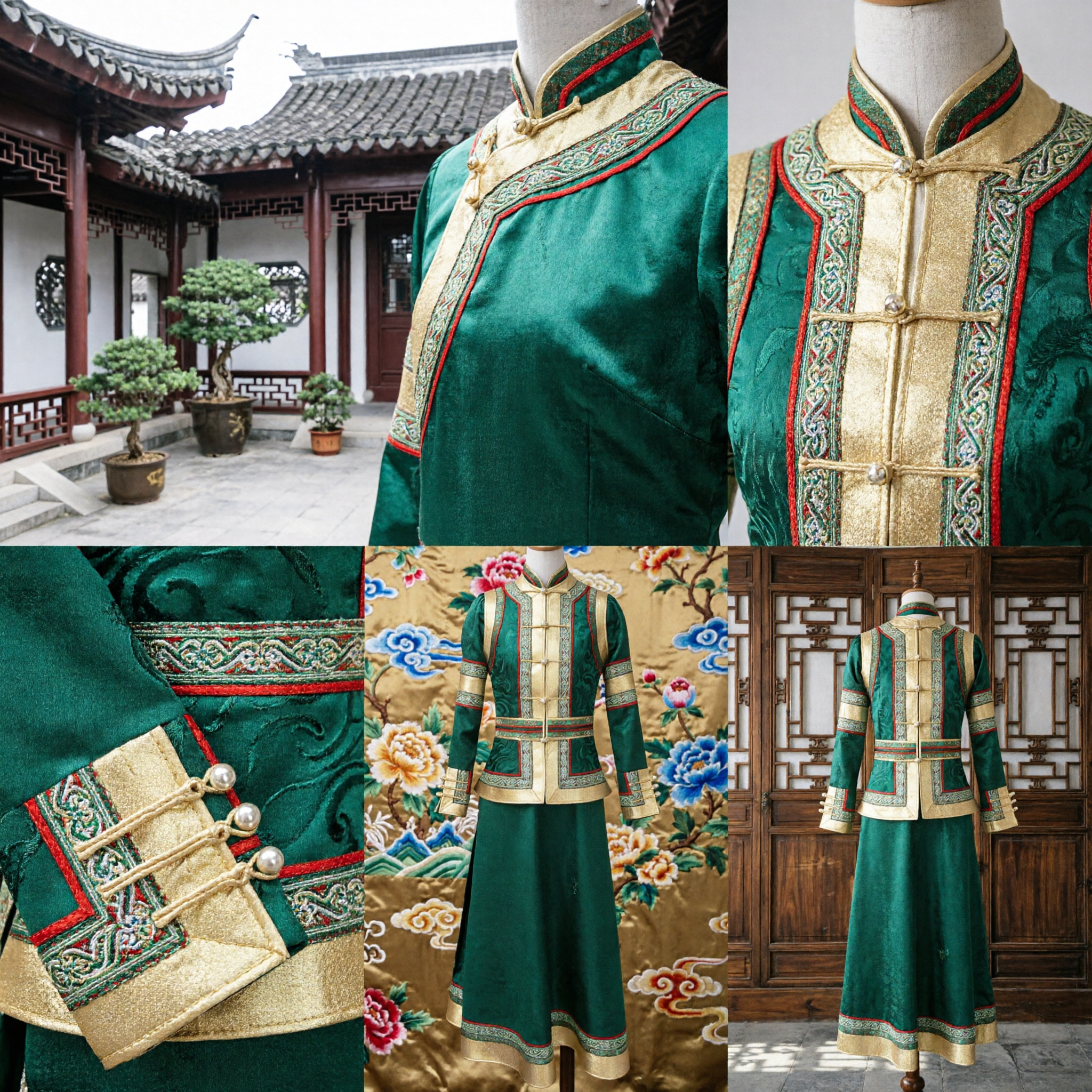 Veste Tradizionale Cinese Mongola per Donne Verde e Oro, Costume Ricamato per Spettacoli Teatrali e Matrimoni - Asian Costume