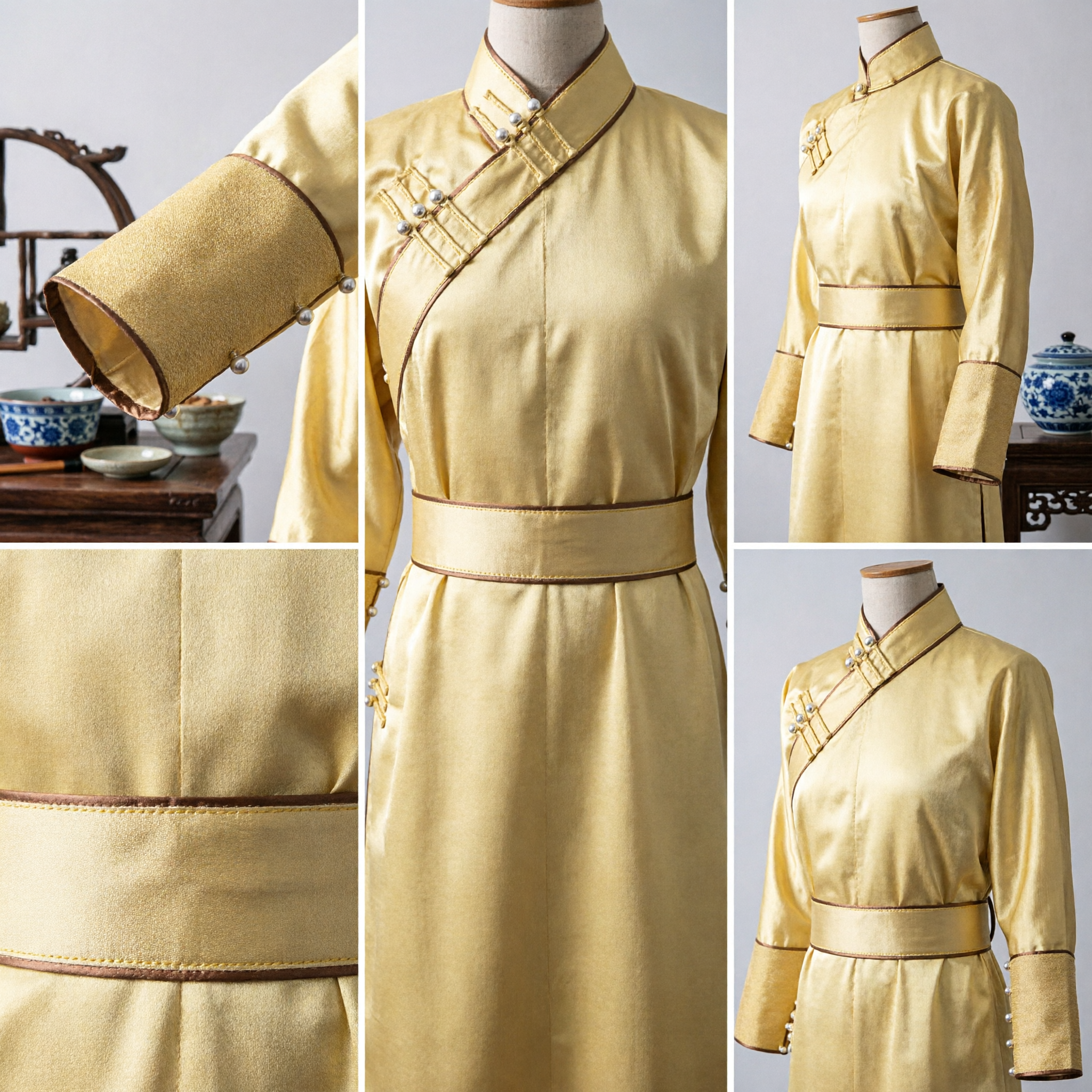 Robe mongole jaune chinoise traditionnelle - Costume ethnique ancien pour spectacle scénique, danse et cosplay - Asian Costume