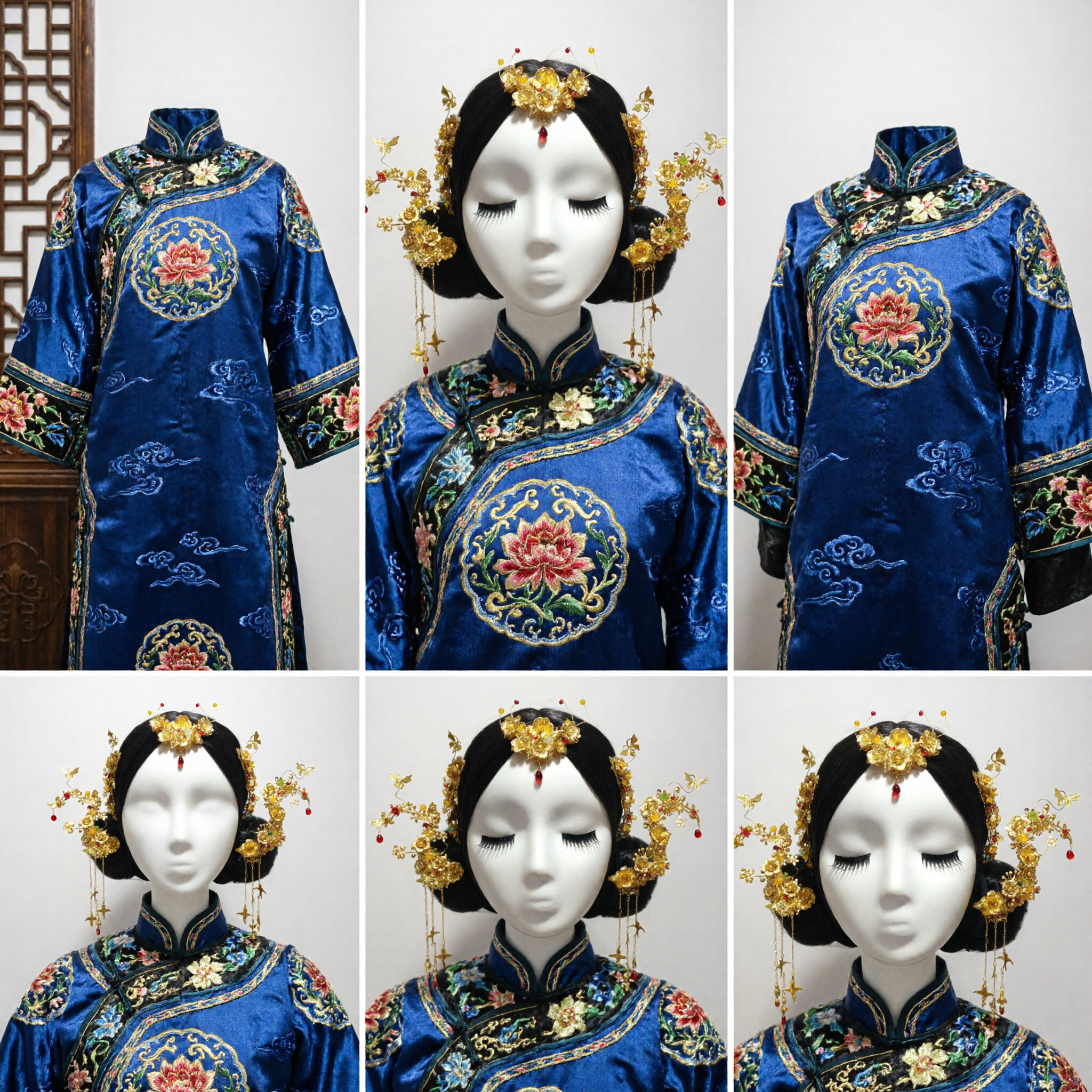 مجموعة إكسسوارات شعر هانفو صينية تقليدية - إكليل ذهبي للرأس مع زهور وفراشات لعروس الزفاف القديمة والكوزبلاي - Asian Costume