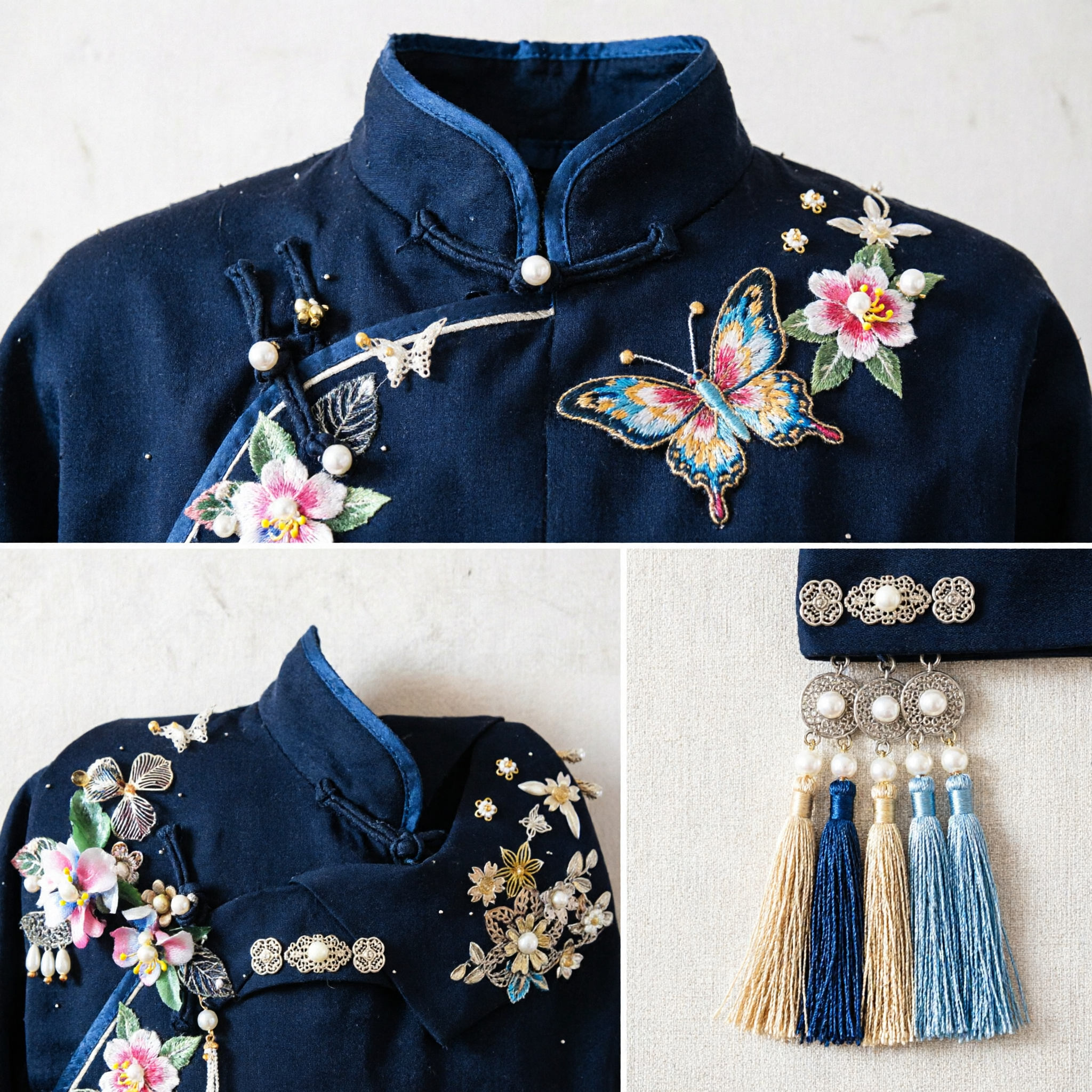 Traditioneel Chinese Oude Zwarte Fluweel Hoofddeksel met Vlinder Parel Sieraad Kwast Hanfu Haaraccessoire voor Vrouwen - Asian Costume