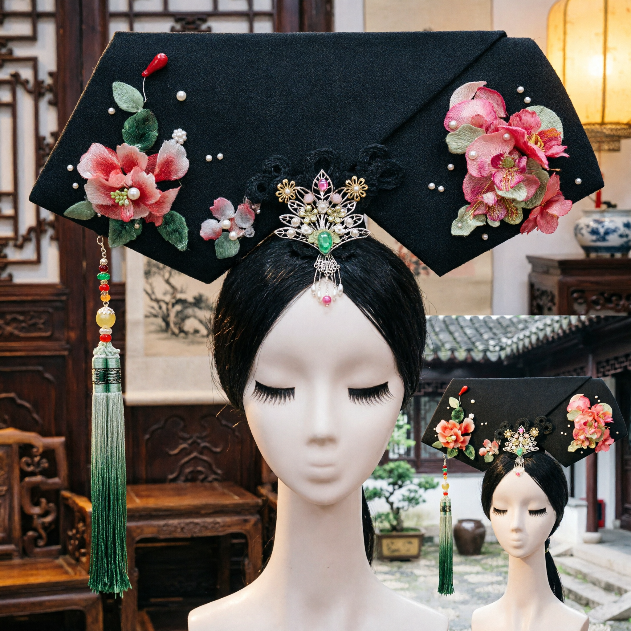 Handgemaakte Qing Dynastie Keizerin Zwart Grote Vleugel Hoofdtooi met Bloemen Versieringen voor Chinees Traditioneel Kostuum Cosplay - Asian Costume