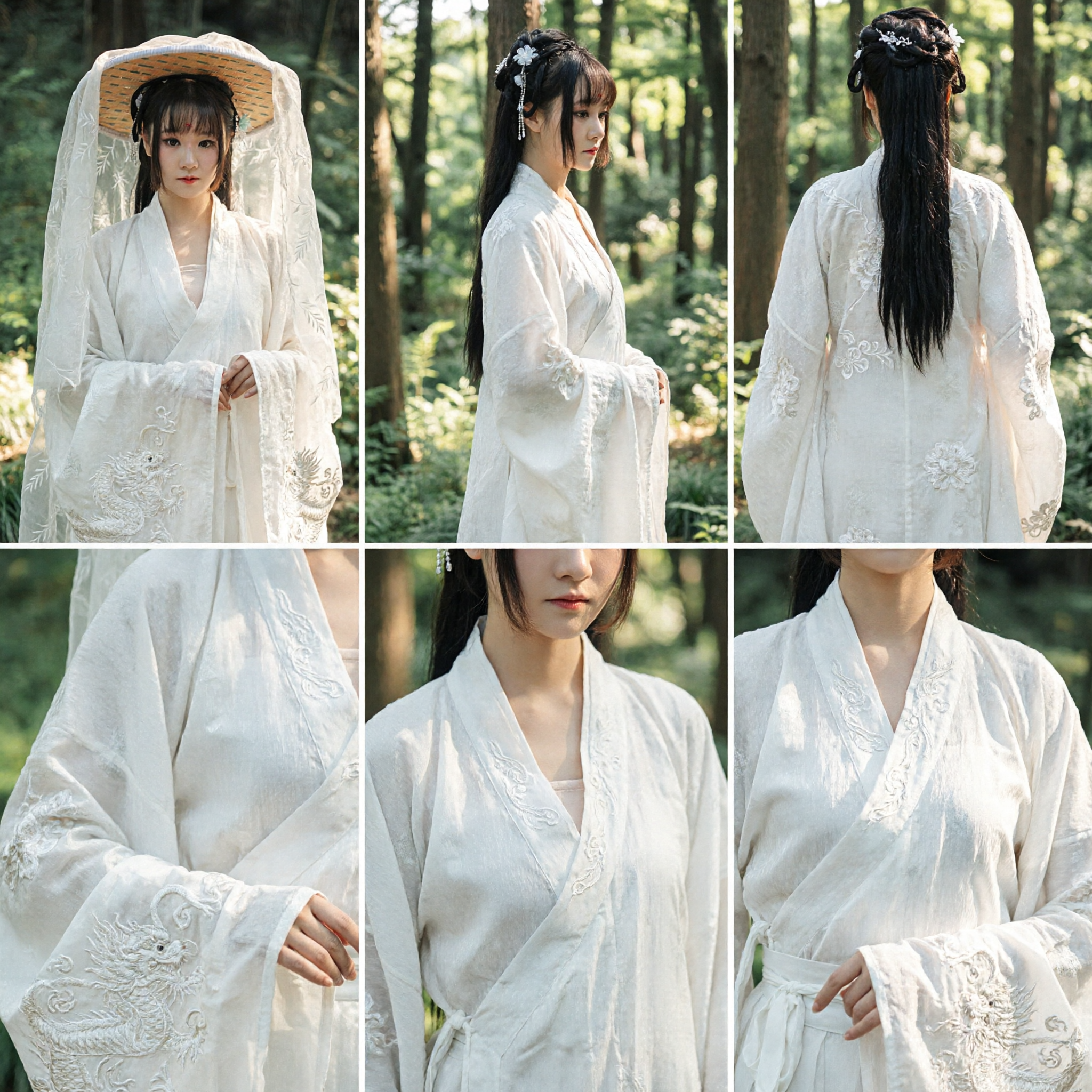 Accessoires de costume d'épéiste Wuxia ancien chinois - Chapeau de bambou avec long voile blanc brodé - Coiffe Hanfu pour femmes - Asian Costume