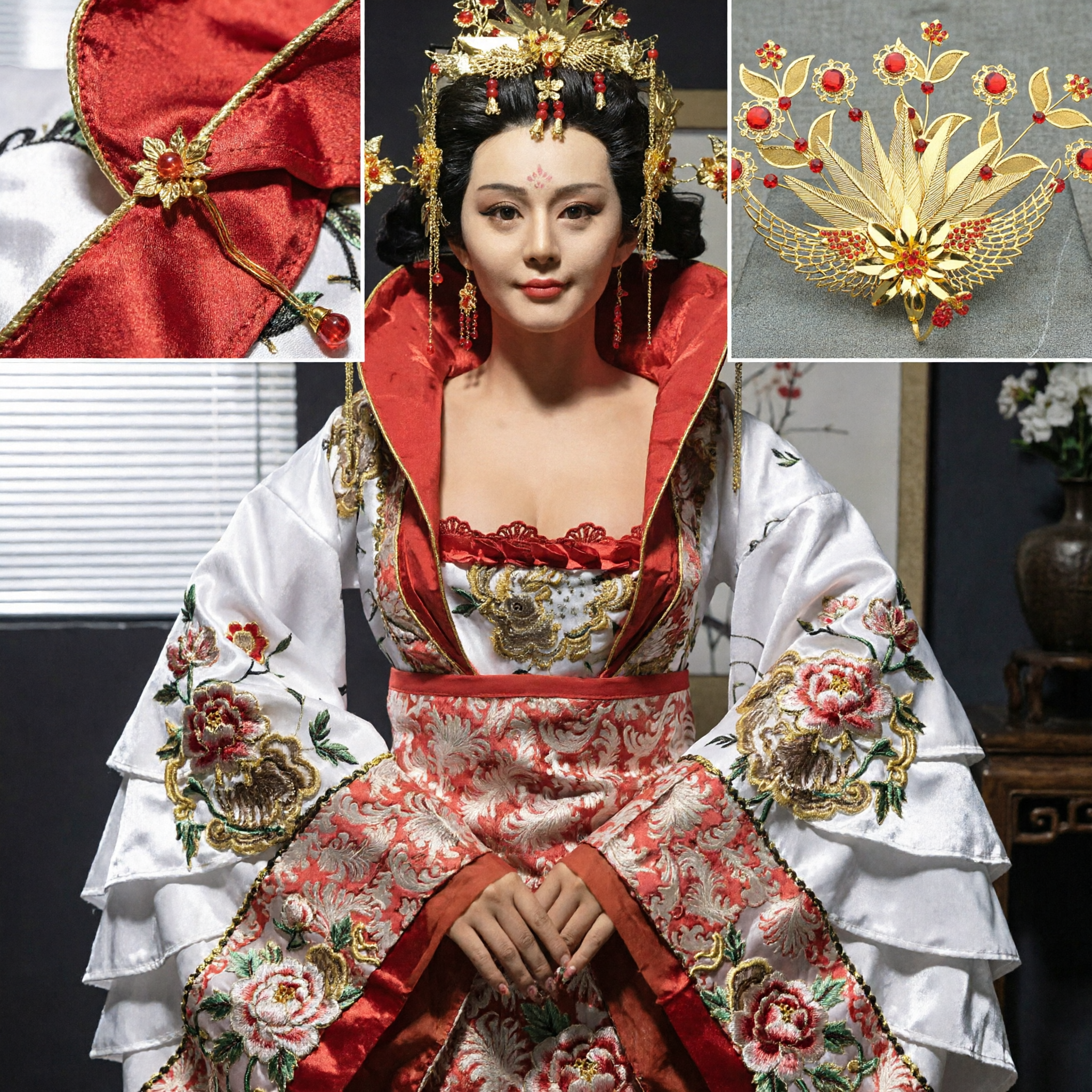 Couronne phénix dorée chinoise traditionnelle - Accessoire capillaire avec gemmes rouges pour costume de mariée Hanfu - Asian Costume