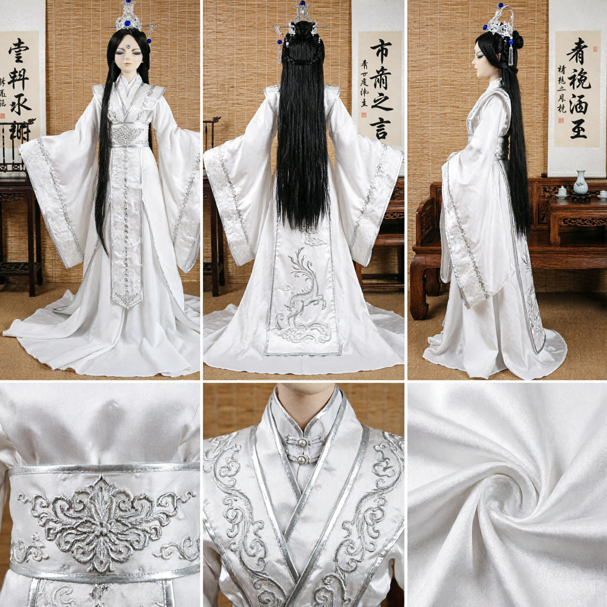Tradycyjny biały strój Hanfu do cosplayu dla lalek BJD, starożytna suknia pałacowa wróżki ze srebrnym haftem - Asian Costume