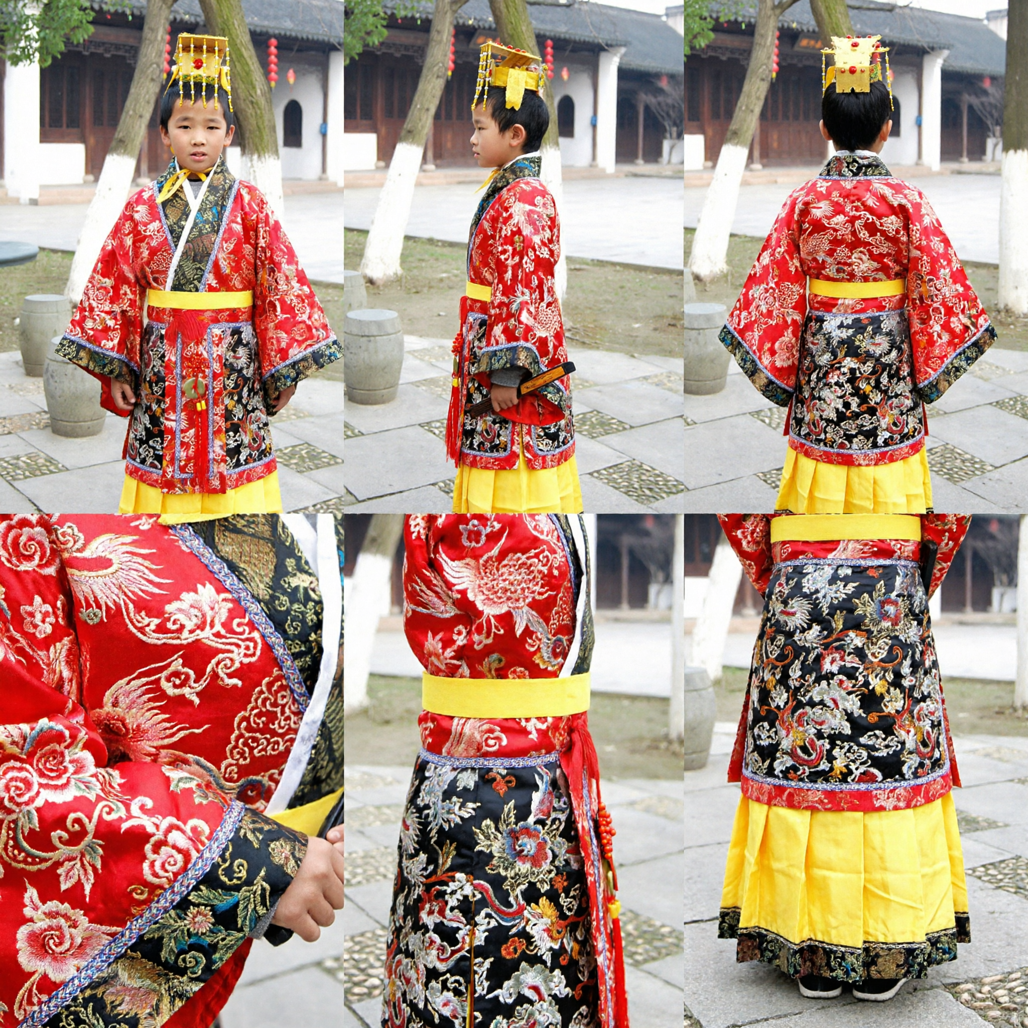 소년용 고대 중국 황제 의상 전통 빨강색 황실 예복 한푸 아동 문화 공연 코스프레 복장 - Asian Costume