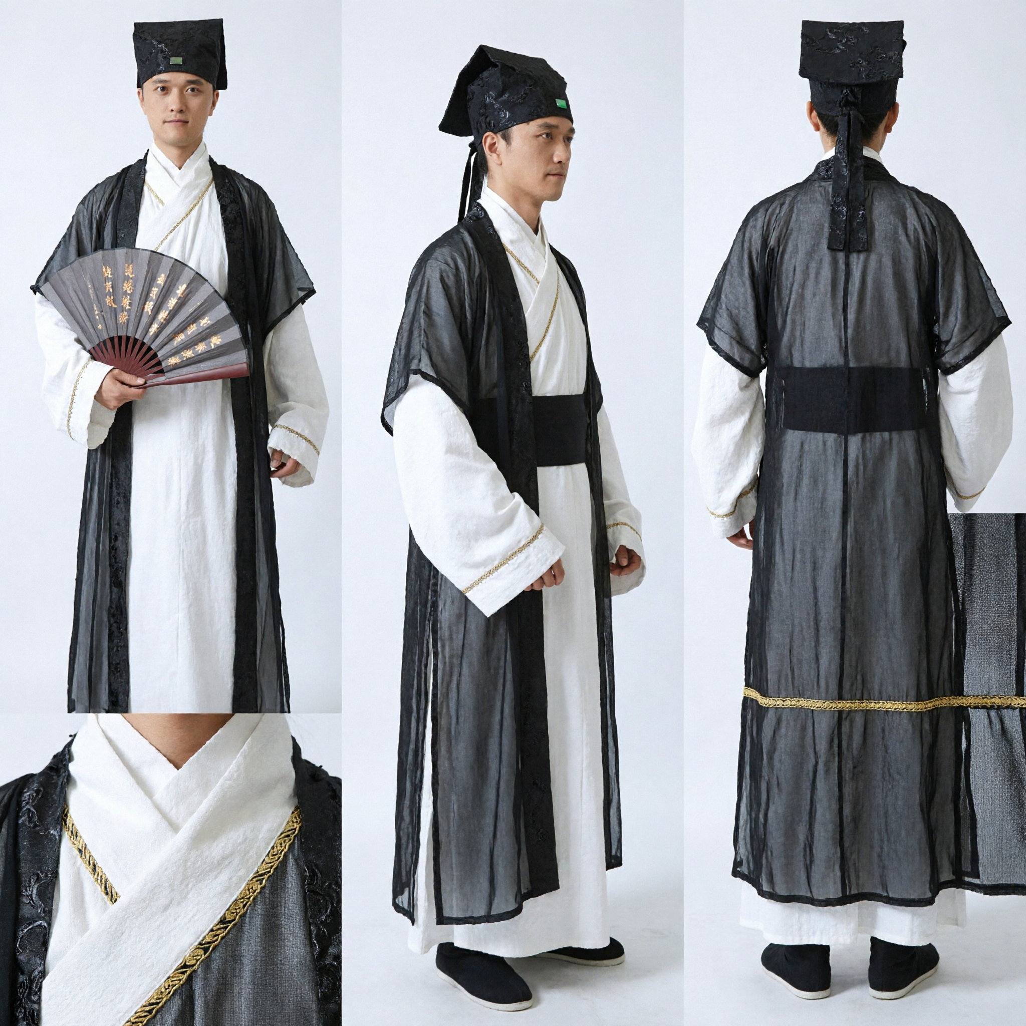 Traje Hanfu de Erudito Antiguo Tradicional Chino para Hombre, Toga Negra para Cosplay con Abanico de Caligrafía - Asian Costume