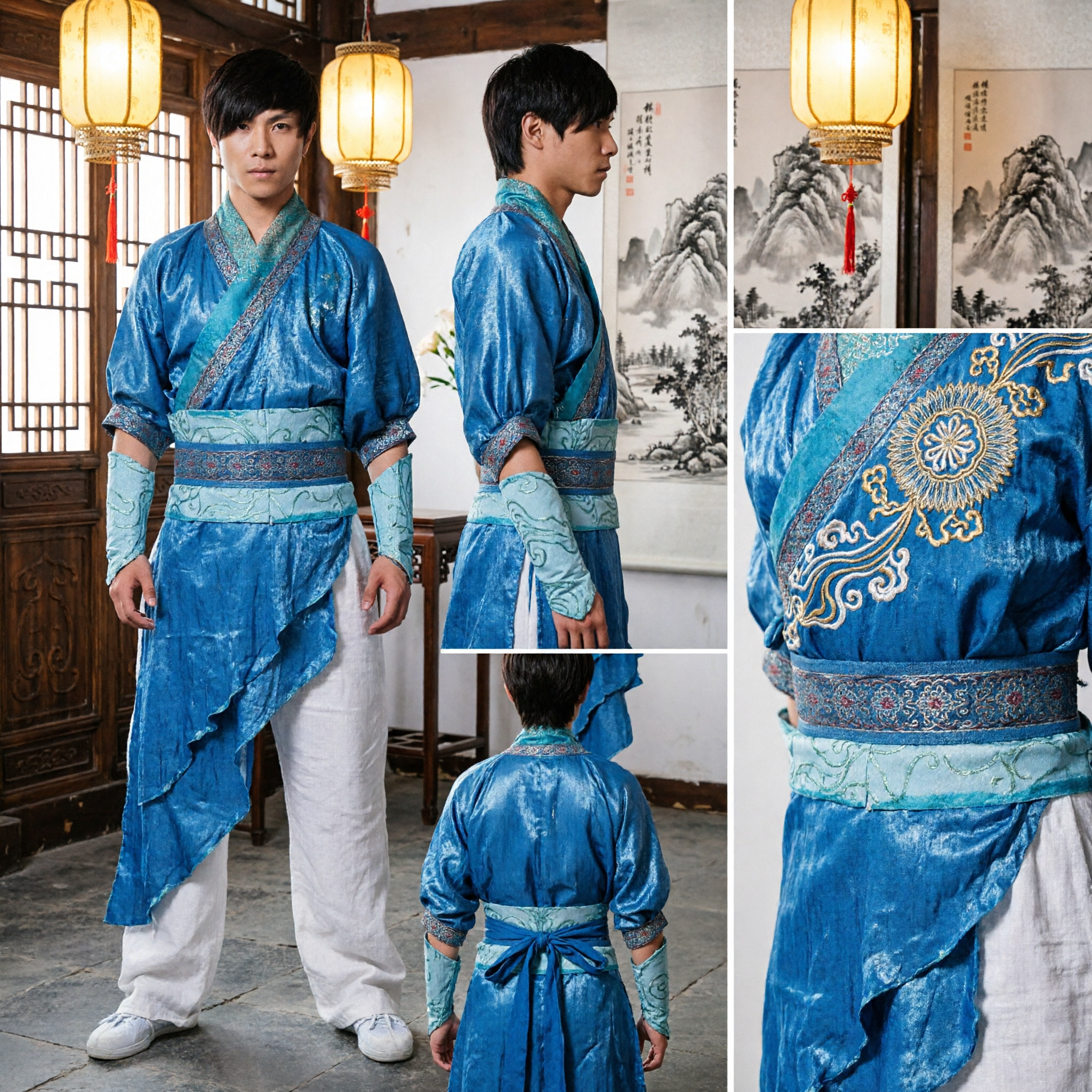 Traje de Kung Fu Wushu Azul Tradicional Chino para Hombre, Atuendo de Guerrero Antiguo para Presentaciones en Escenario - Asian Costume