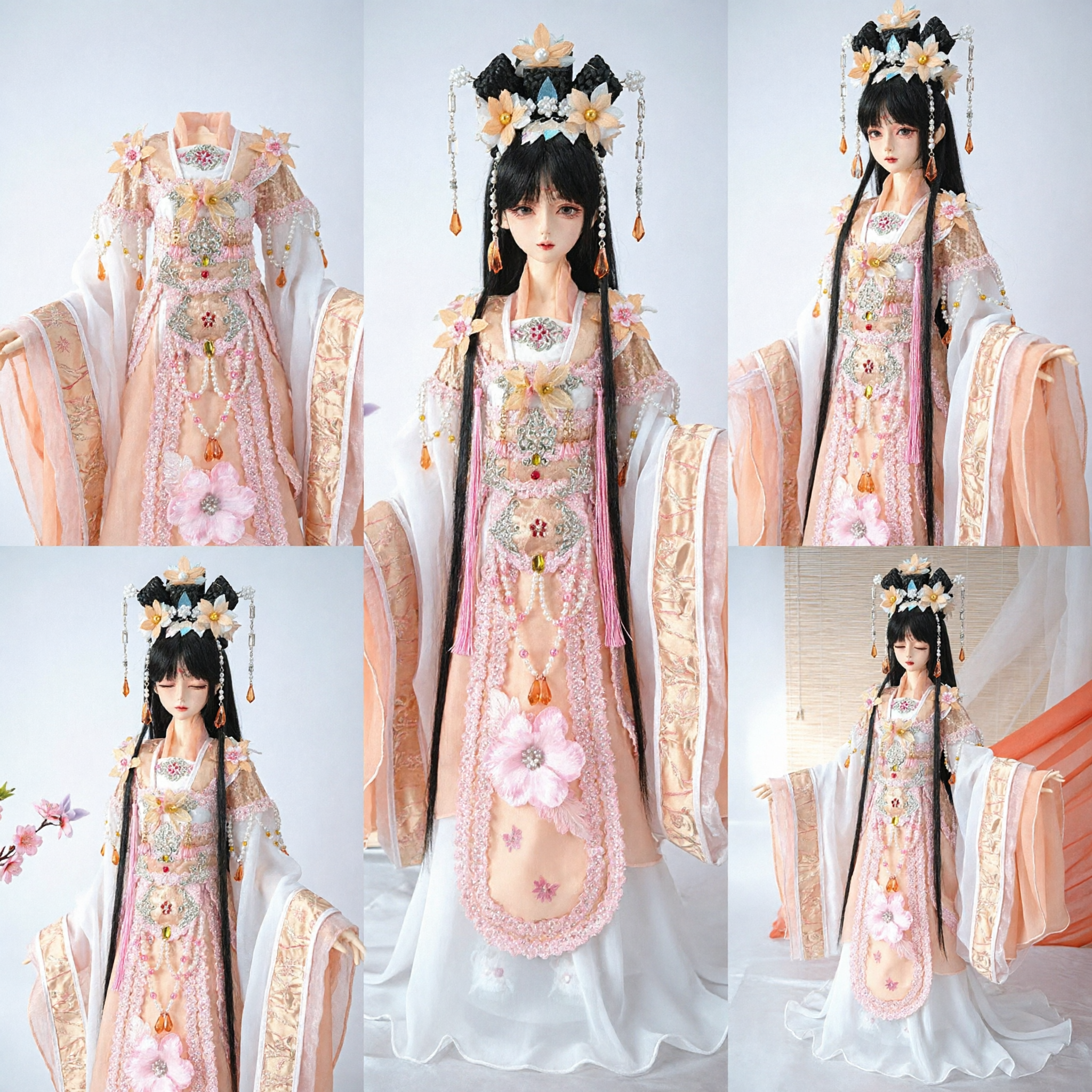 Exquisito Vestido Hanfu Rosa de la Dinastía Tang para Muñecas BJD, Traje Tradicional Chino Antiguo con Accesorios para el Cabello - Asian Costume