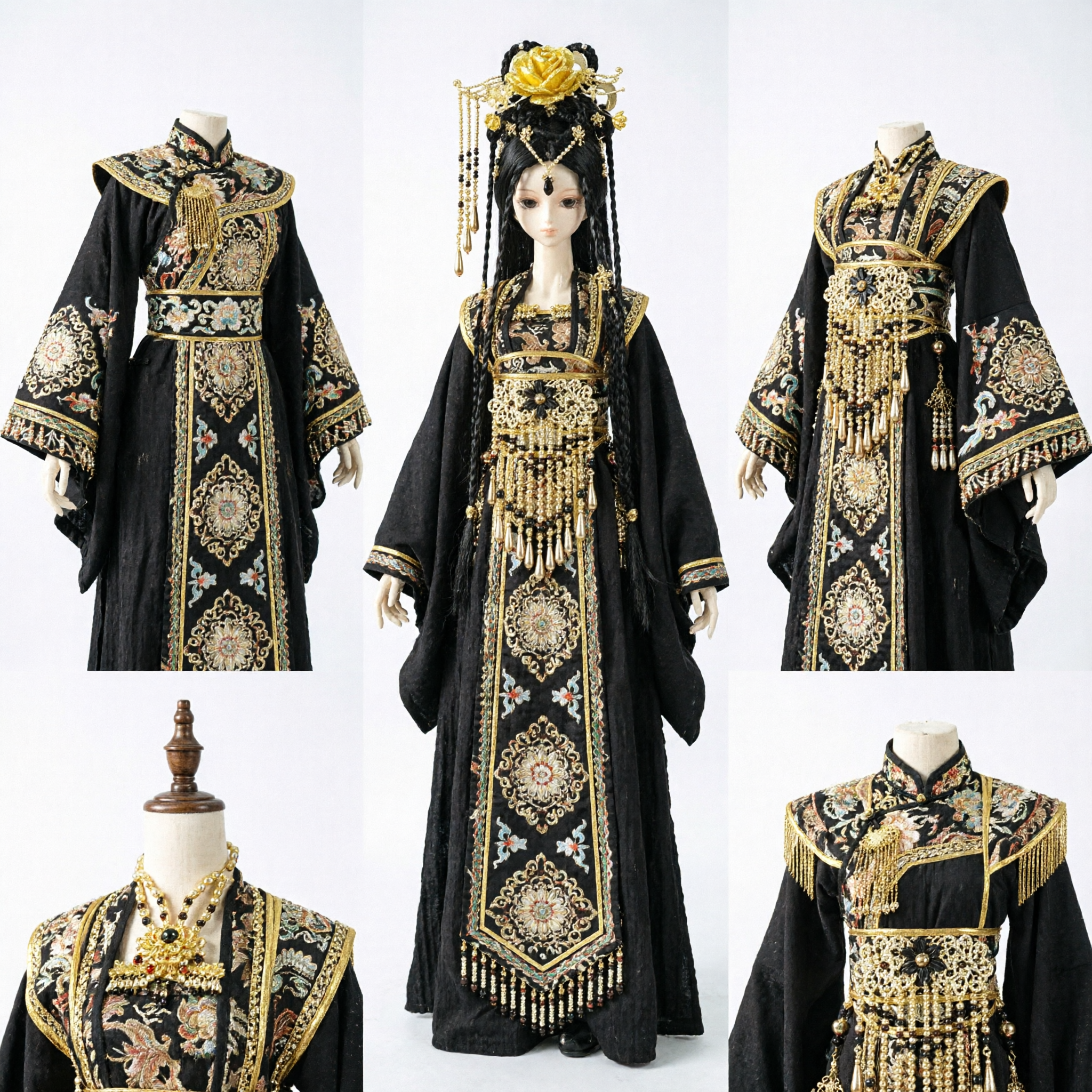 Tenue impériale exquise noire et or pour poupée BJD avec coiffe florale élaborée pour collectionneurs et exposition - Asian Costume