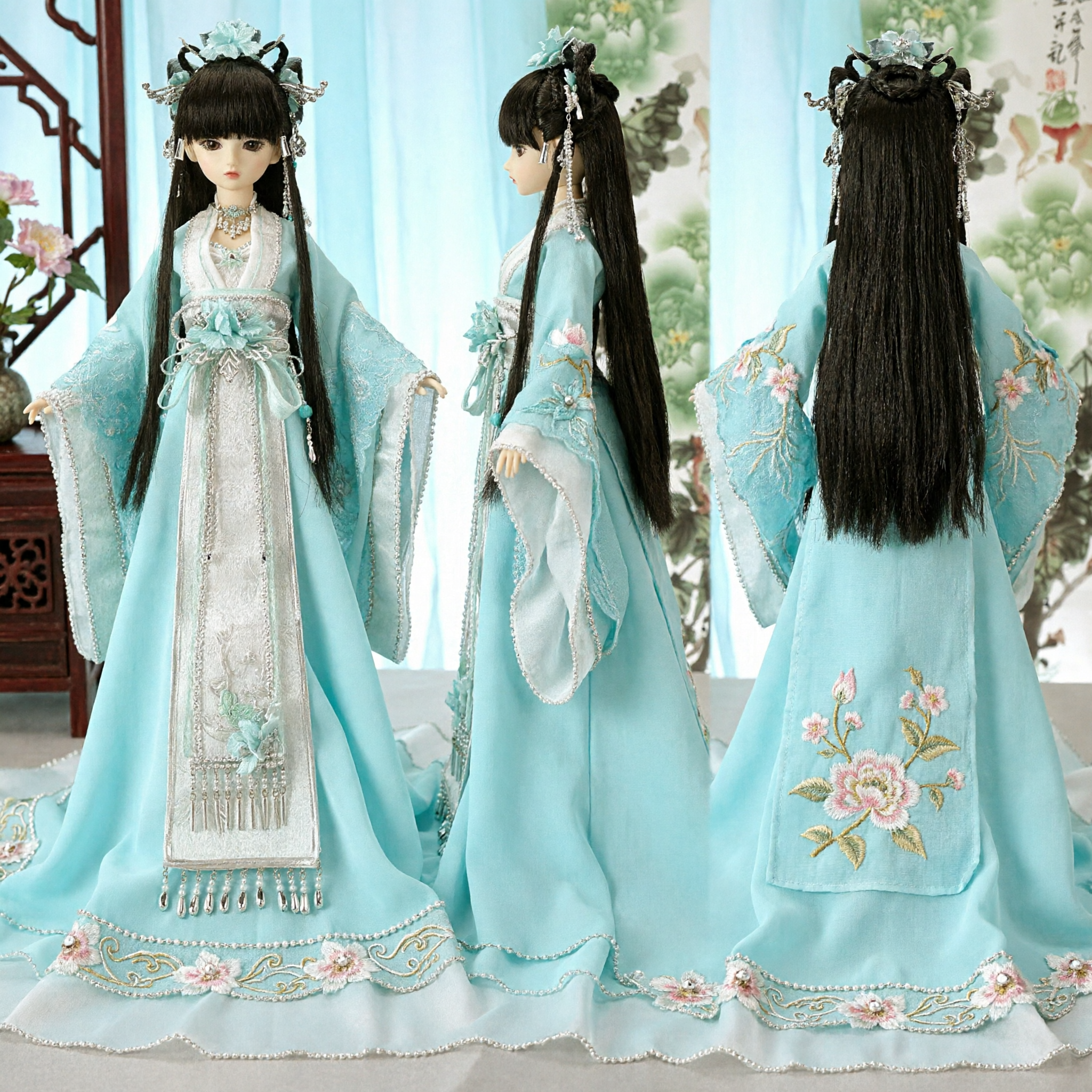 Tradycyjna Chińska Suknia Hanfu dla Lalek BJD, Elegancki Niebieski Starożytny Kostium Wróżki z Akcesoriami do Włosów - Asian Costume