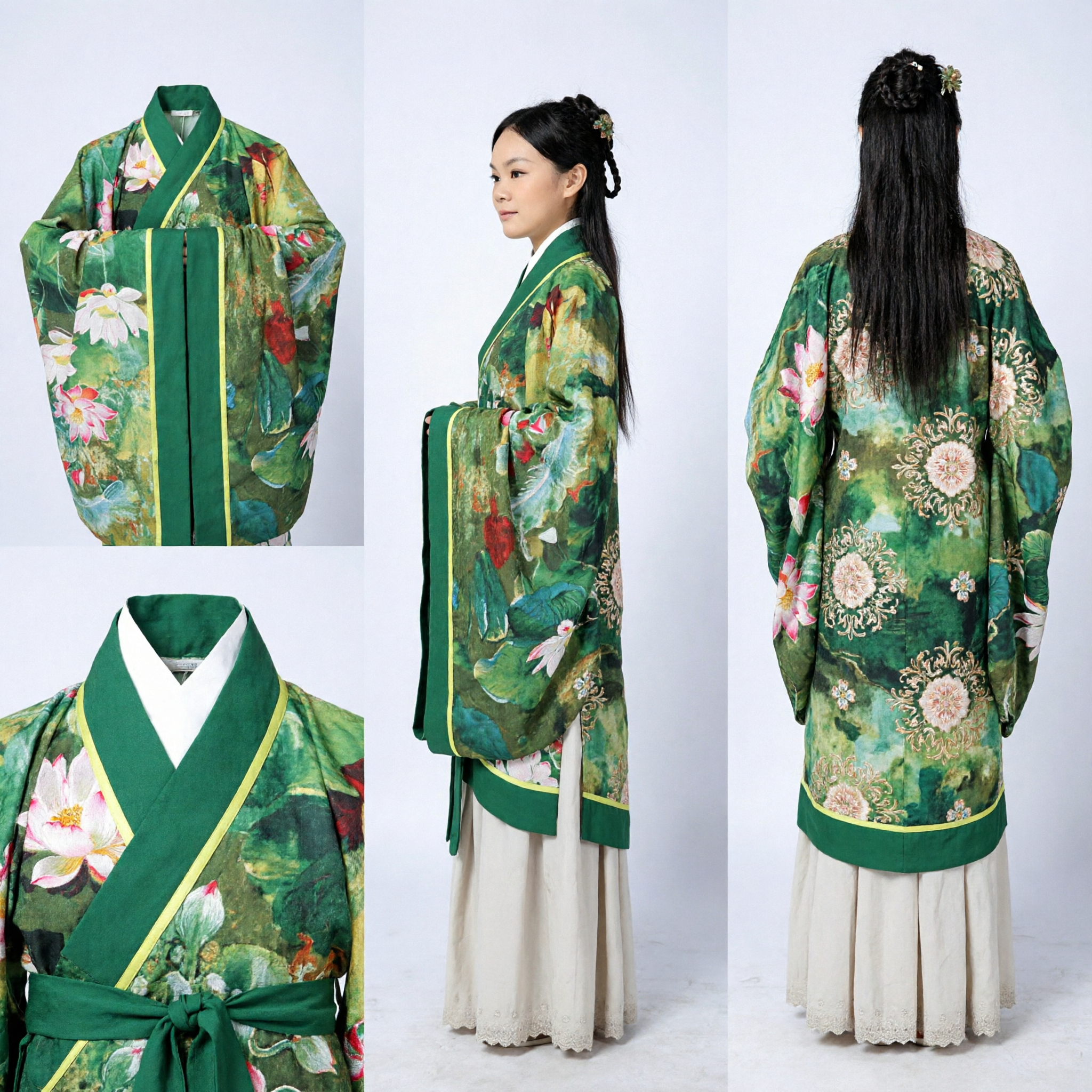 Traditional Chinese Hanfu for Women Green Lotus Print Ming Dynasty Ancient Costume Clothing Dress - Asian Costume
