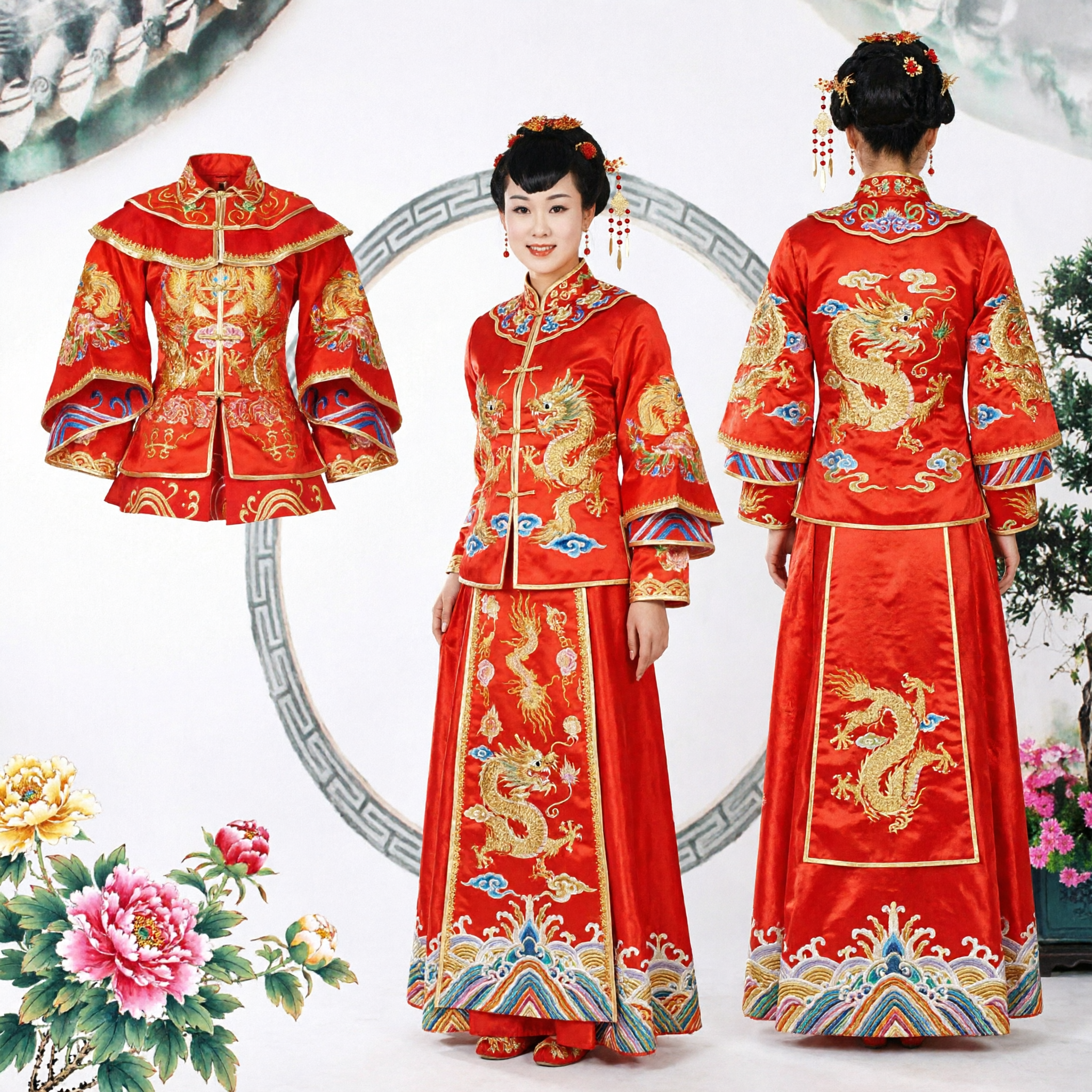 伝統的中国婚礼ドレス 赤い裙褂金龍鳳刺繍 花嫁衣装 女性用 - Asian Costume