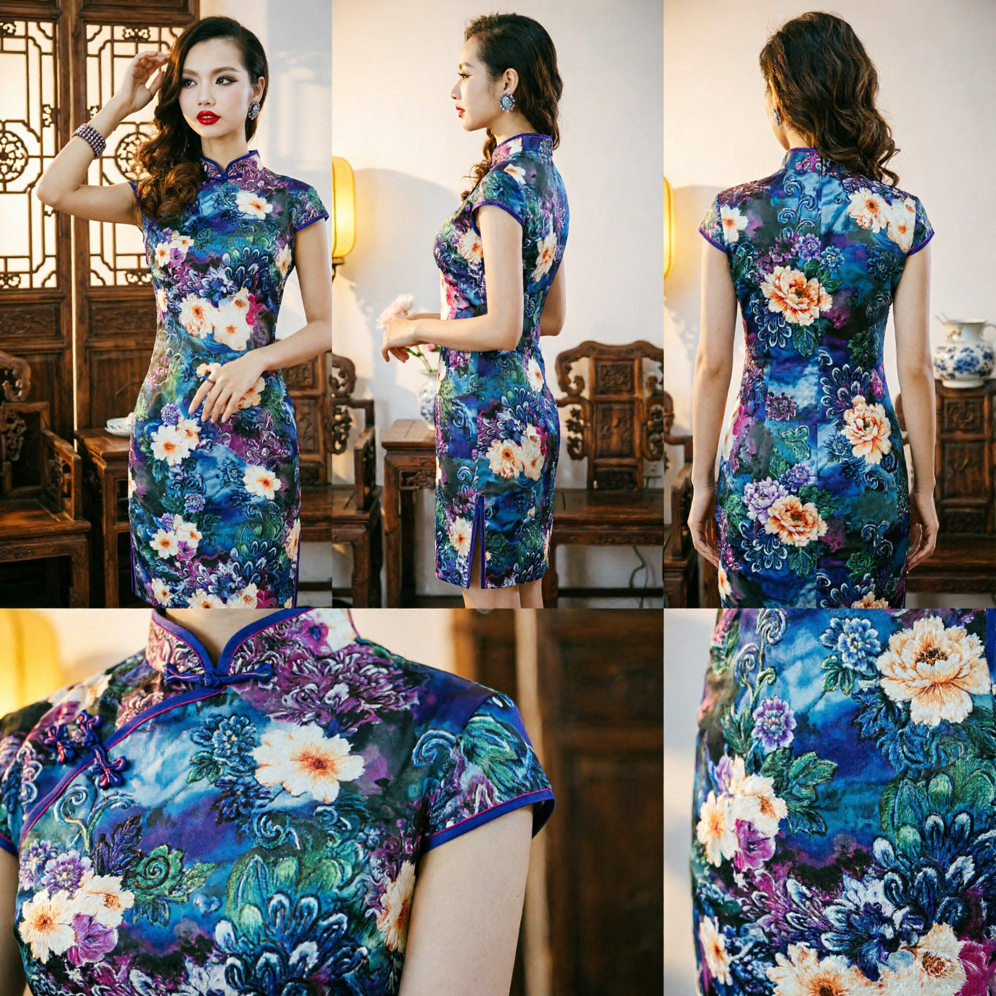 Elegant Floral Print Silk Cheongsam Qipao Dress for Women Traditional Chinese Short Evening Party Gown - Asian Costume