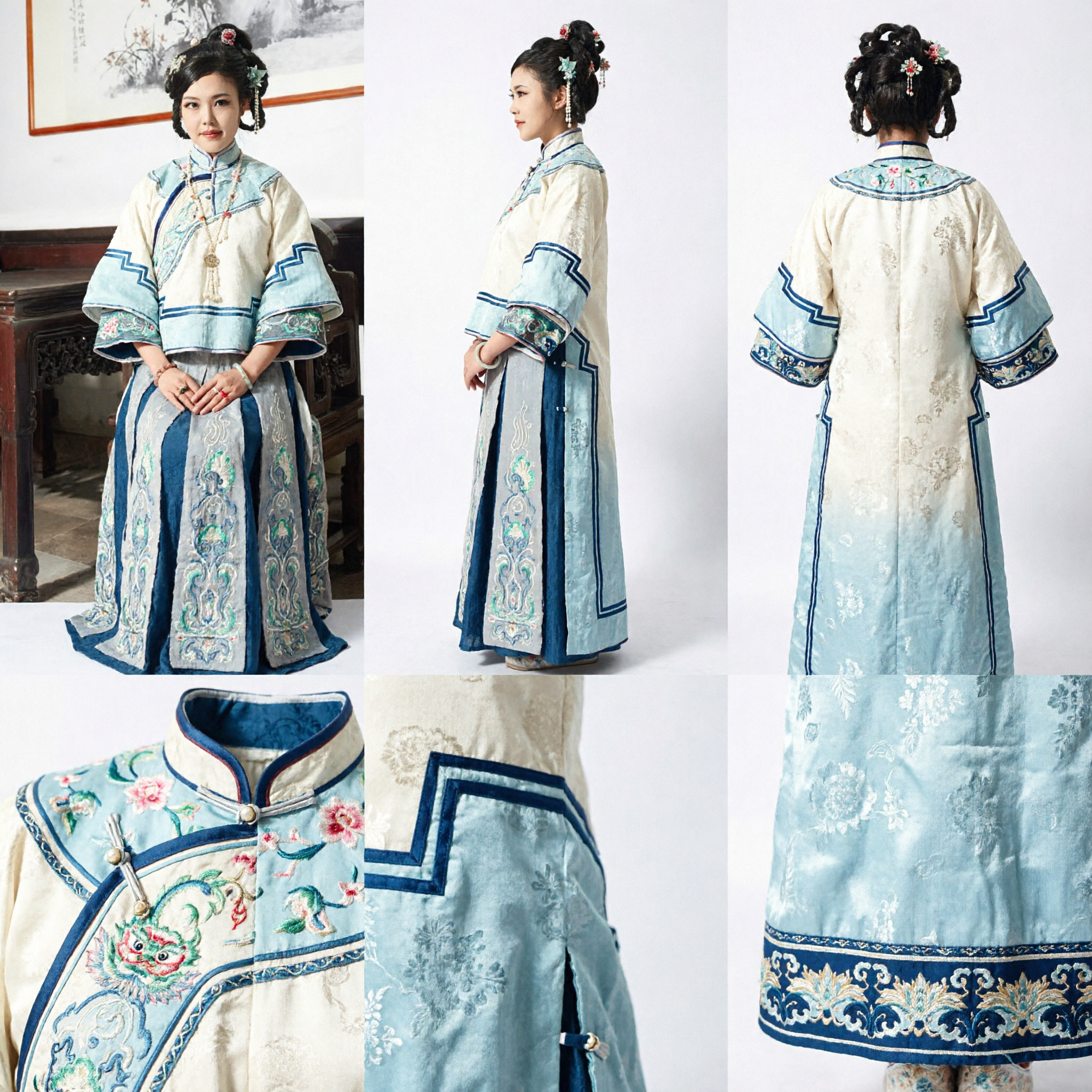 Costume tradizionale da nobildonna della dinastia Qing cinese, completo giacca e gonna blu ricamati per donne - Asian Costume