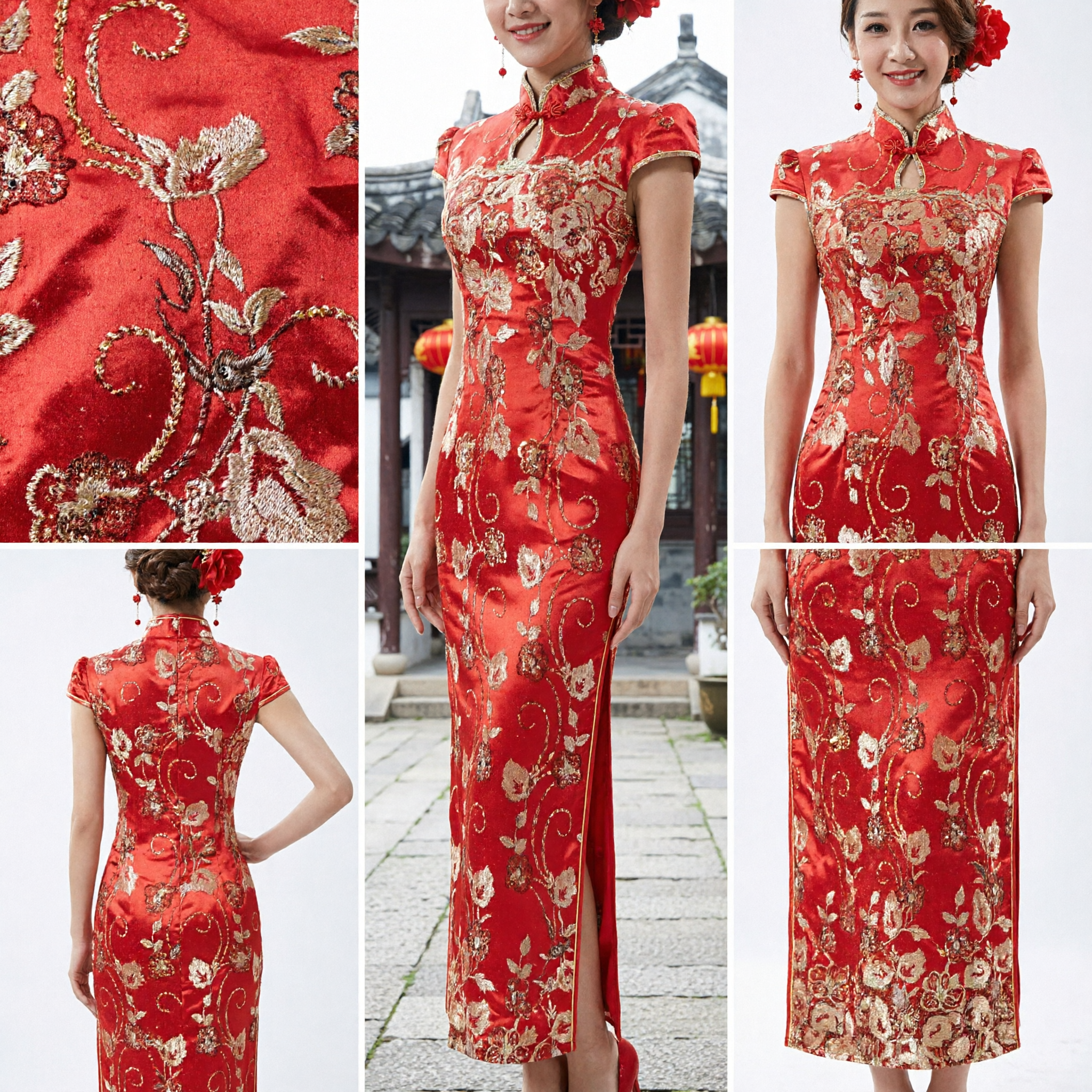 Vestido de Noiva Vermelho Tradicional Chinês, Cheongsam Qipao Longo com Cauda de Peixe e Bordado Dourado para a Noiva - Asian Costume