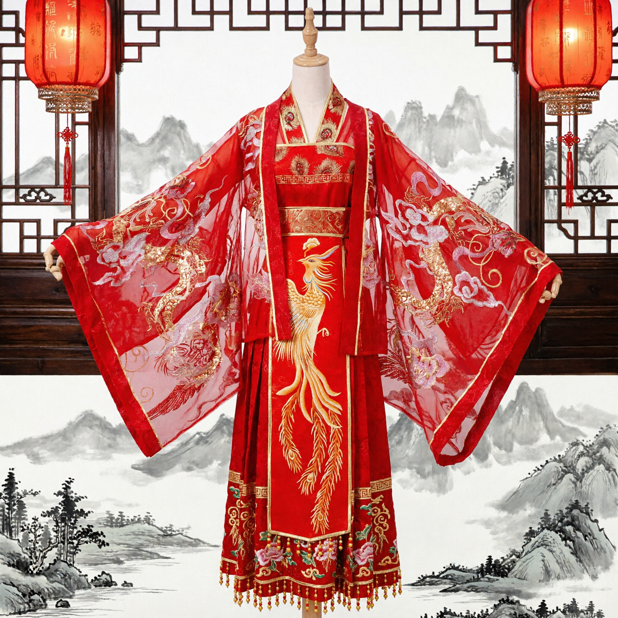 Robe de mariage Hanfu rouge traditionnelle chinoise avec broderie exquise de dragon et phénix pour femmes - Asian Costume
