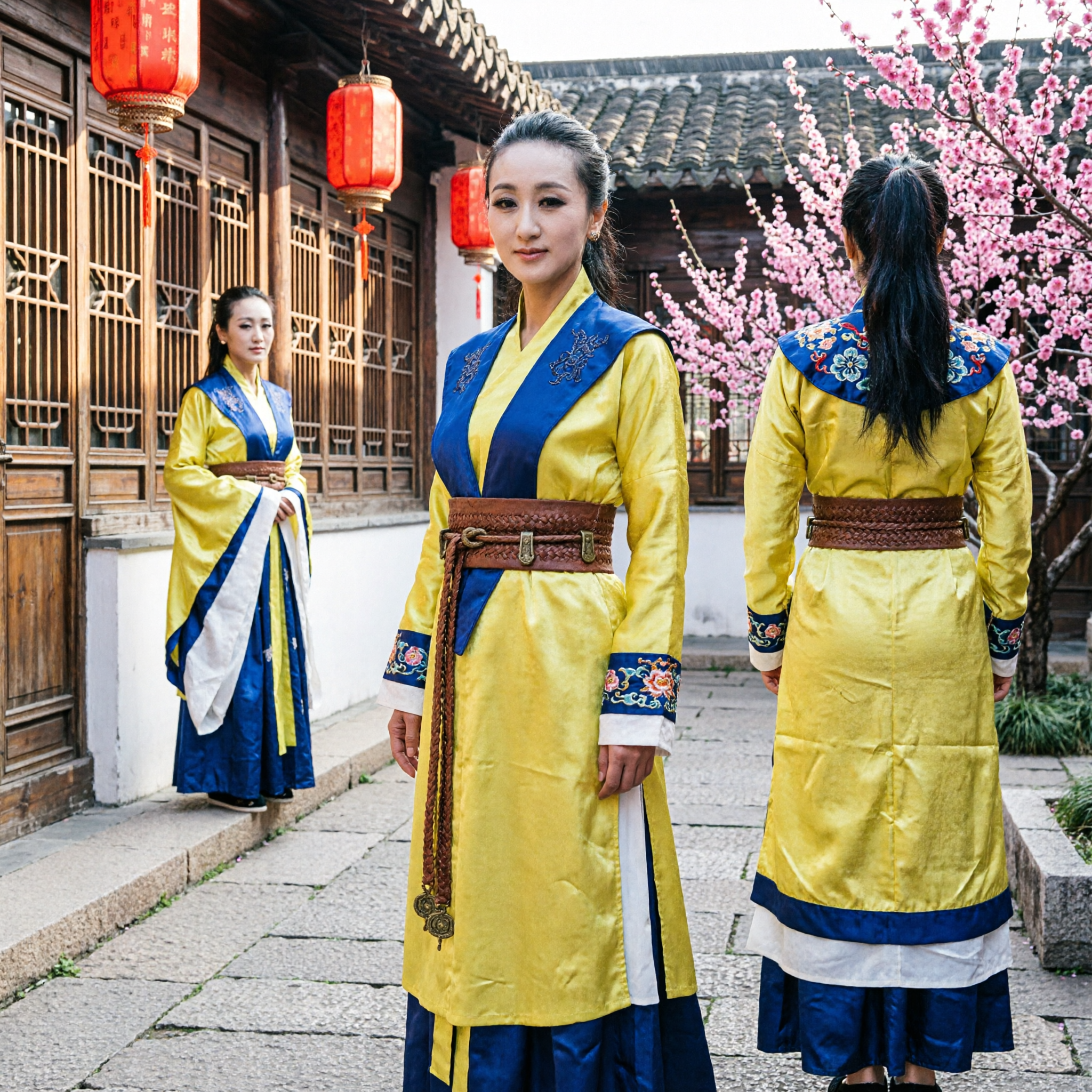 Costume Hanfu traditionnel chinois jaune et bleu de la dynastie Han pour femmes - Robe pour spectacle et cosplay - Asian Costume