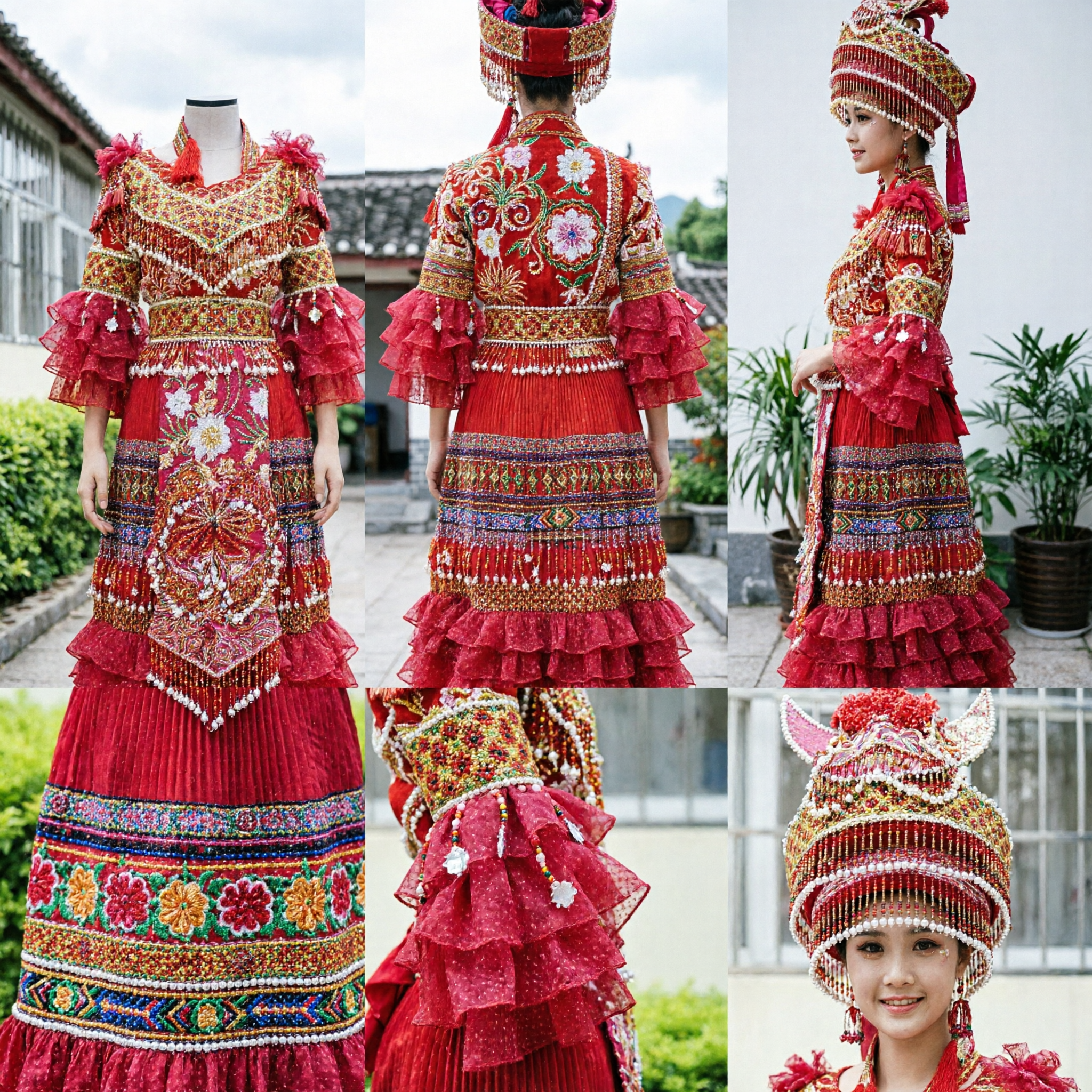 Traje Tradicional de Danza Folclórica de Minoría Étnica China Vestido Rojo Bordado con Tocado para Niñas en Presentaciones - Asian Costume
