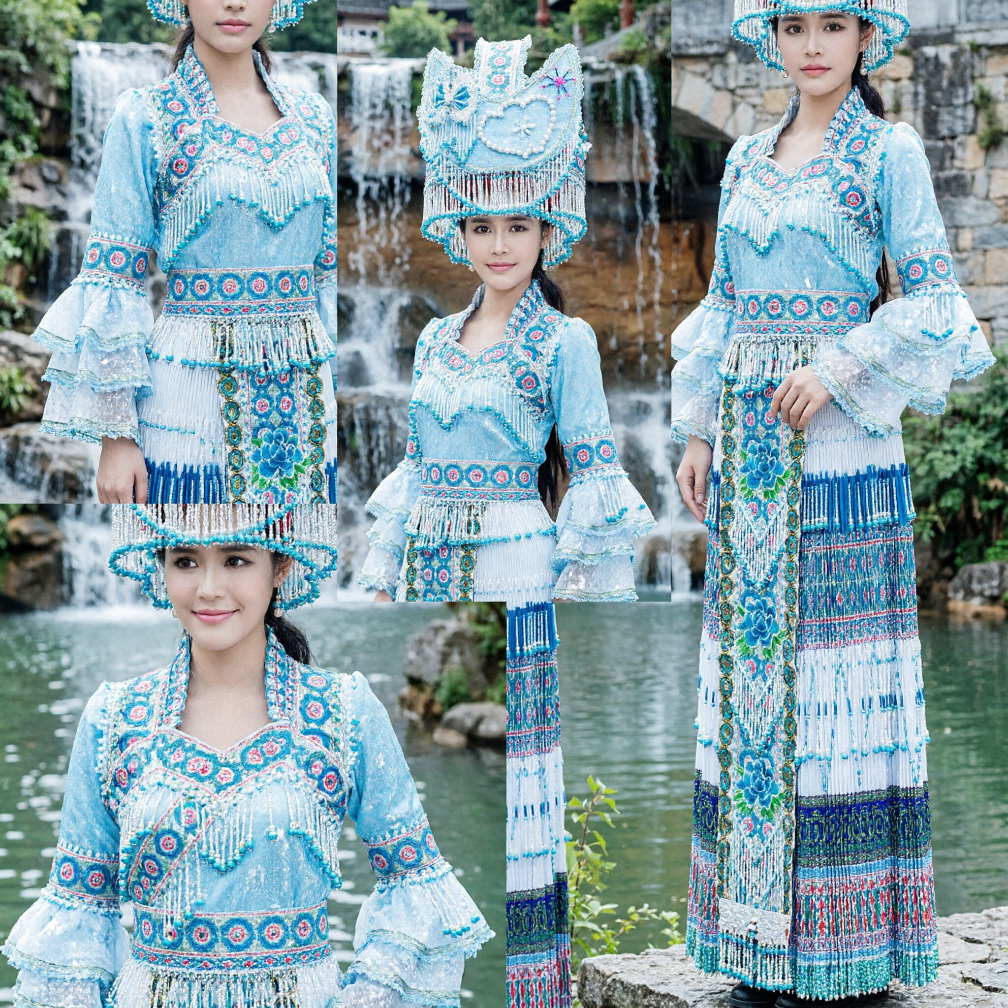 Traditional Chinese Miao Ethnic Costume Women Blue Folk Dance Dress Stage Performance Outfit with Headdress - Asian Costume