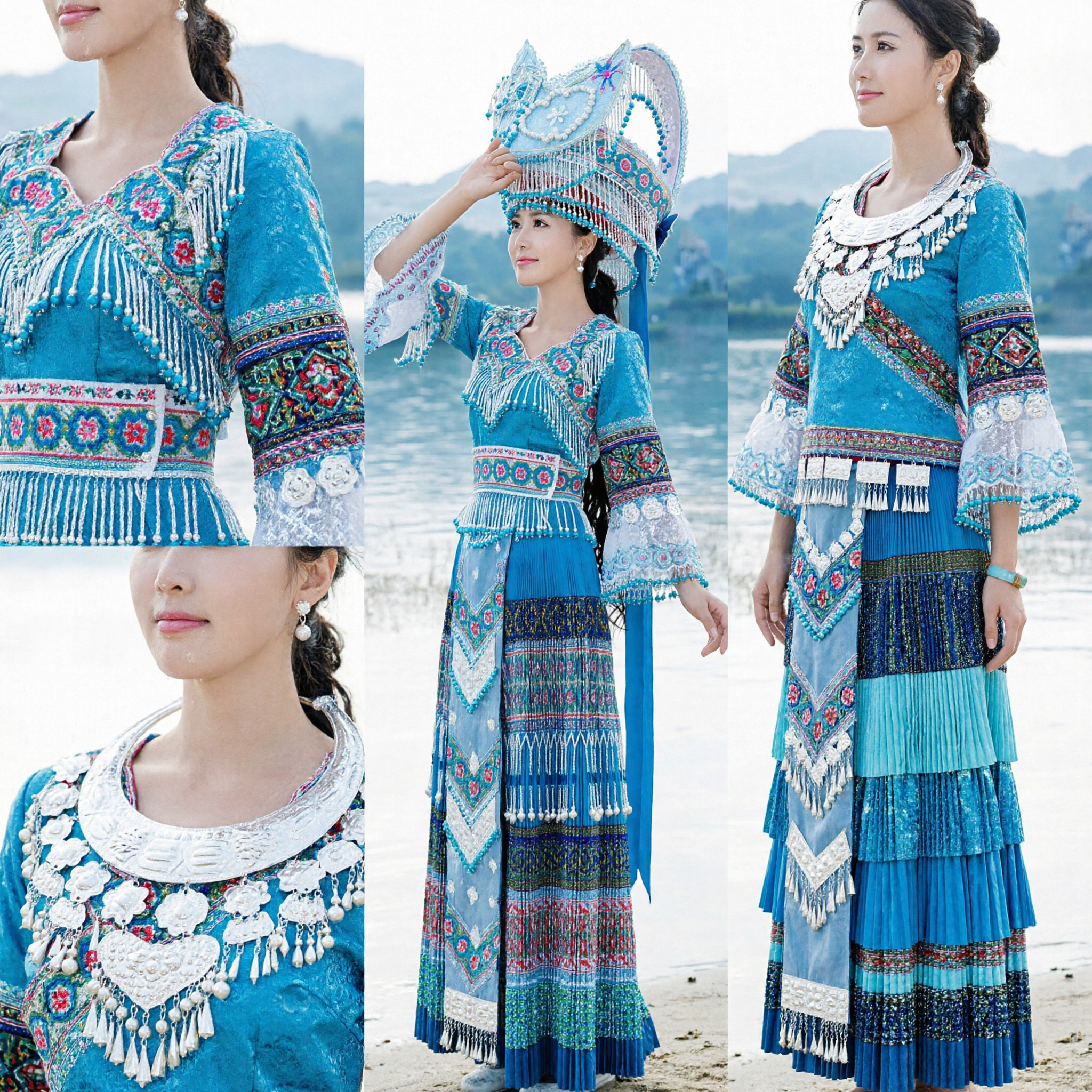 Traditional Chinese Miao Ethnic Blue Embroidery Dress with Silver Headdress for Folk Dance and Cultural Festival Performance - Asian Costume