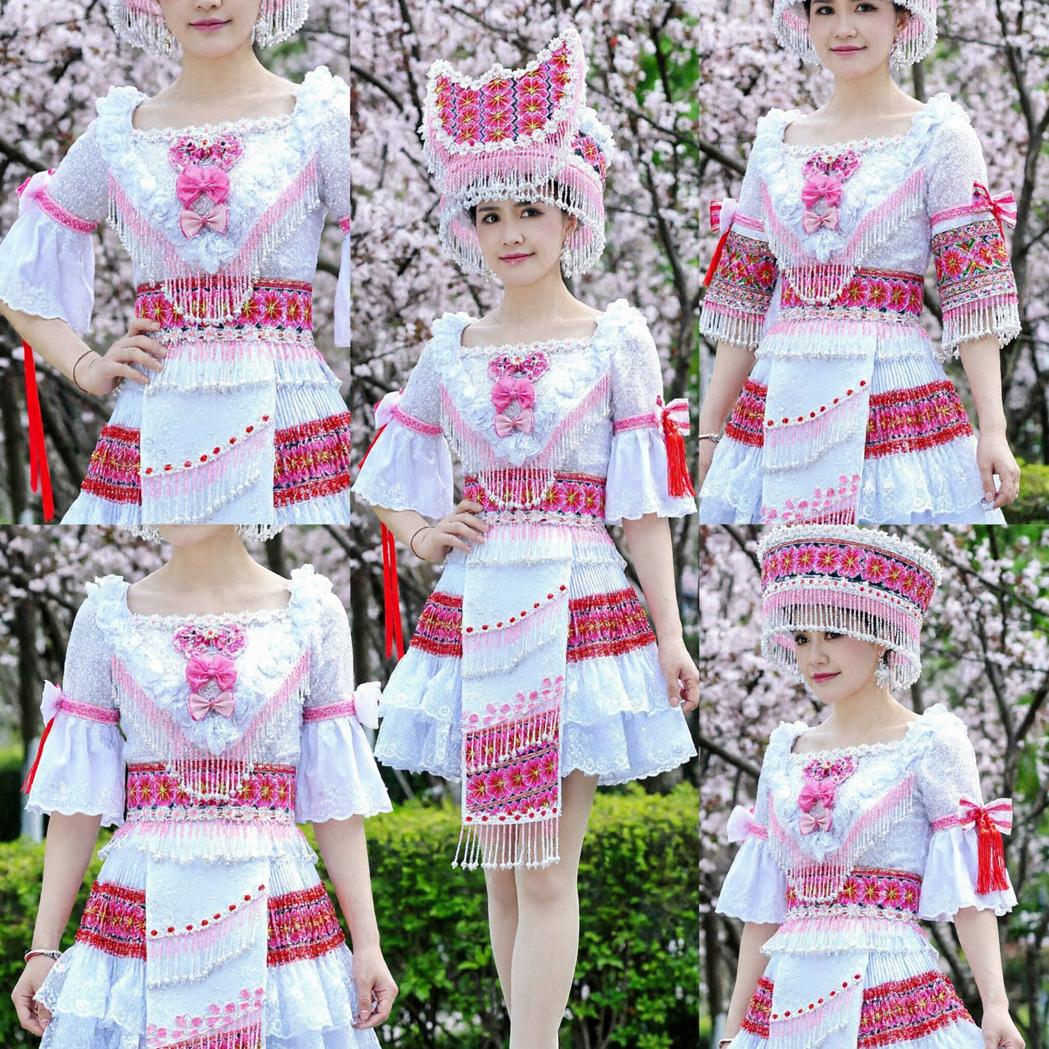 Damen-Traditionelles chinesisches ethnisches Minderheiten-Tanzkostüm Rosa und Weiß besticktes Kleid mit Kopfschmuck für Bühnenauftritte - Asian Costume