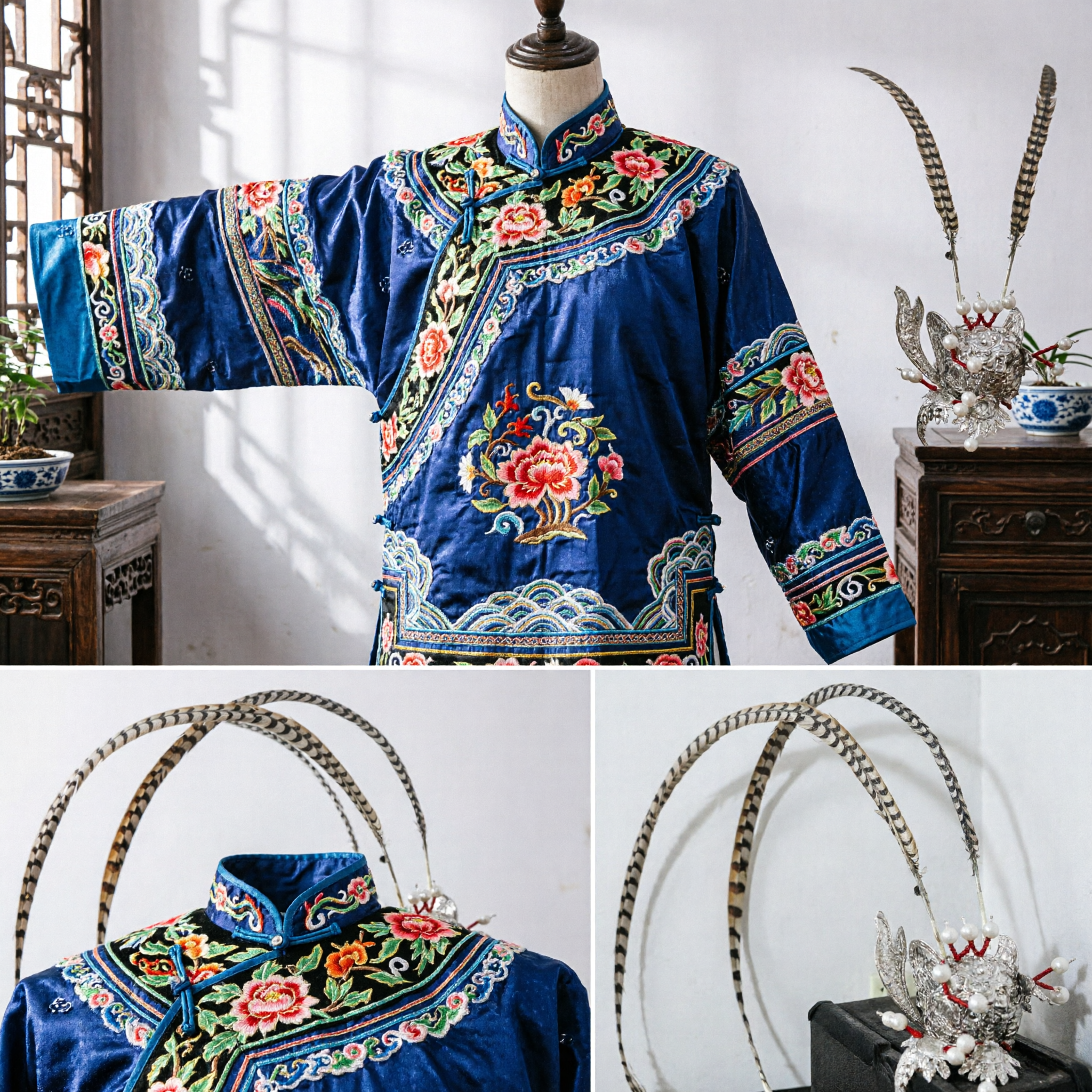 Copricapo con piume di fagiano per opera tradizionale cinese, fermaglio per capelli Lingzi lungo per costumi da palcoscenico dell'Opera di Pechino - Asian Costume