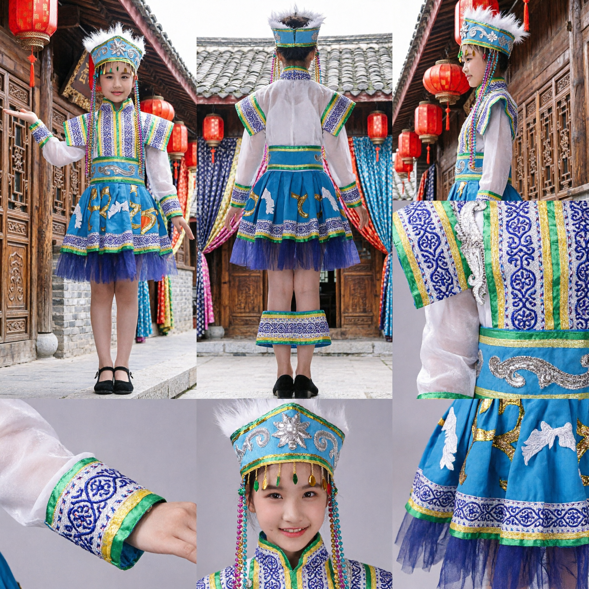 Traditional Mongolian Dance Costume for Kids Girls Blue Ethnic Horse Pattern Dress with Feathered Hat - Asian Costume