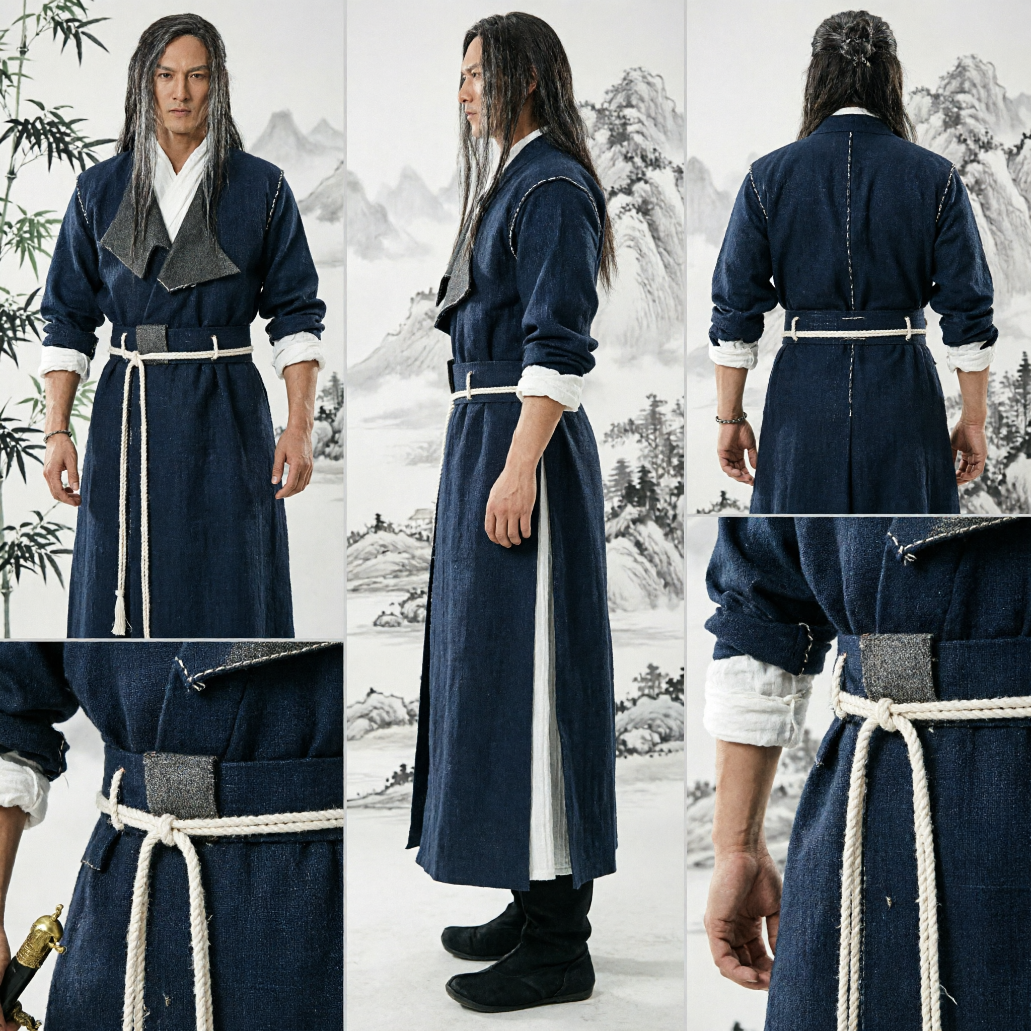 Traje de Espadachim Wuxia Chinês Antigo Robe de Guerreiro Preto Conjunto para Bonecos de Ação Masculinos em Escala 1/6 - Asian Costume