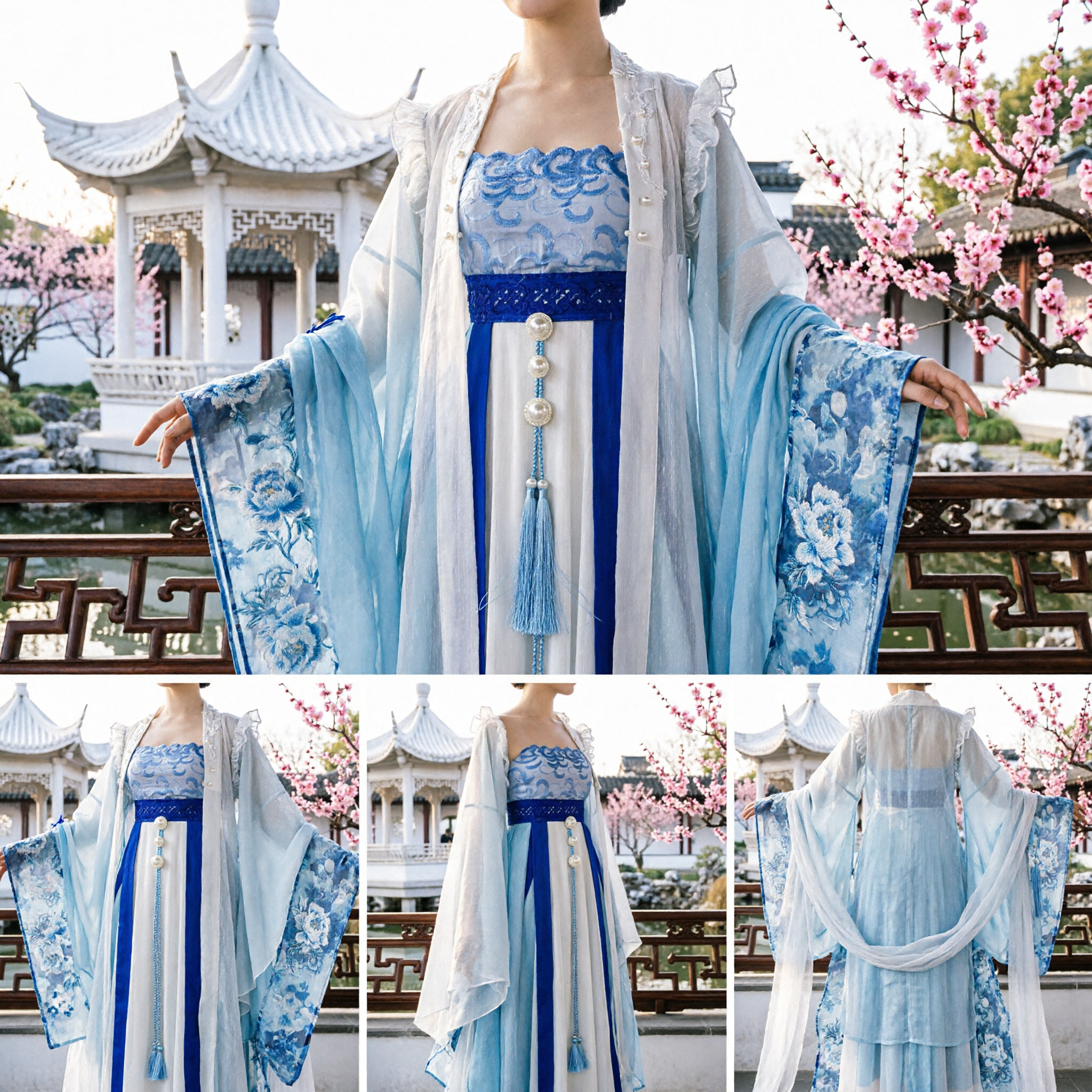 Elegantes traditionelles chinesisches Hanfu, blaues blumiges Antik-Palastkleid für Frauen-Cosplay-Aufführung - Asian Costume