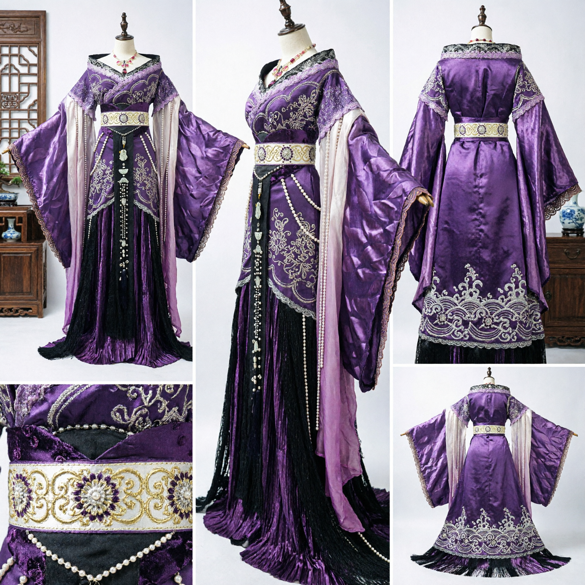 طقم هانفو أرجواني أنيق من عصر تانغ مطرز - زي الأميرة الإمبراطورية الصينية القديمة للسيدات - Asian Costume