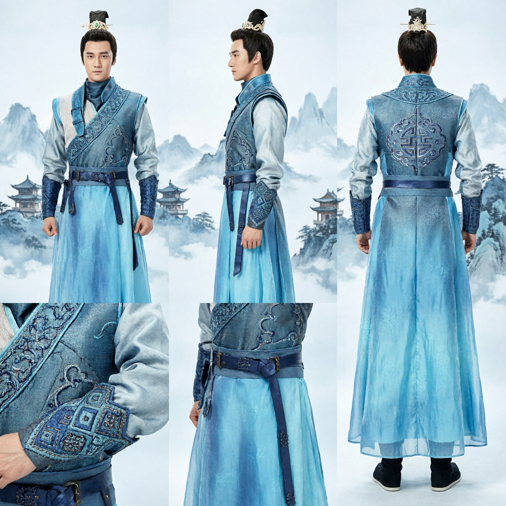 Costume Hanfu bleu chinois ancien pour hommes, robe traditionnelle de noble épéiste pour cosplay - Asian Costume