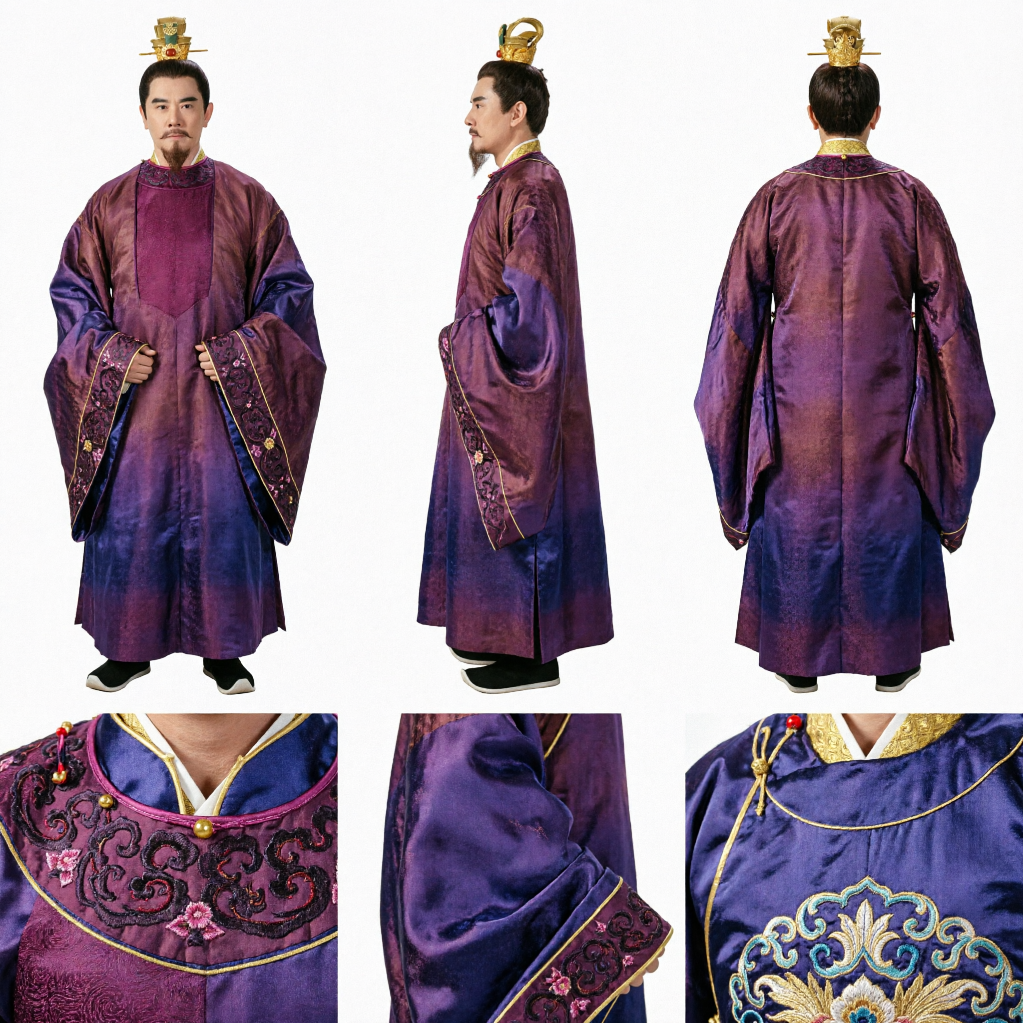 Set Costume da Imperatore Antico Cinese Tunica Viola e Corona Dorata per Uomini Cosplay e Drammi Storici - Asian Costume